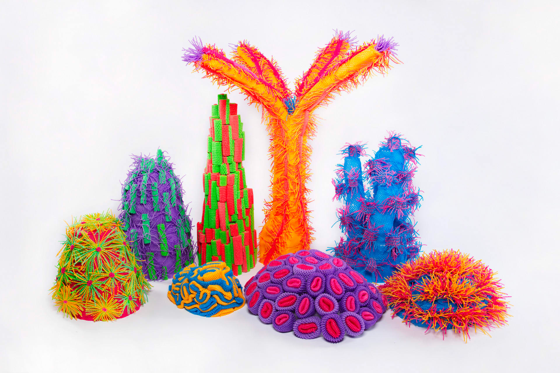 Image of a group of structures, in very bright colours, including purple, orange and green, which resemble marine plants, on a white background.