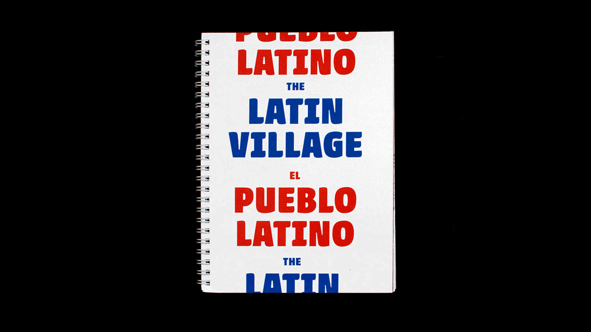 A series of changing photographs and images, which look like the pages of a spiral bound book with the title ‘The Latin Village’, being turned.