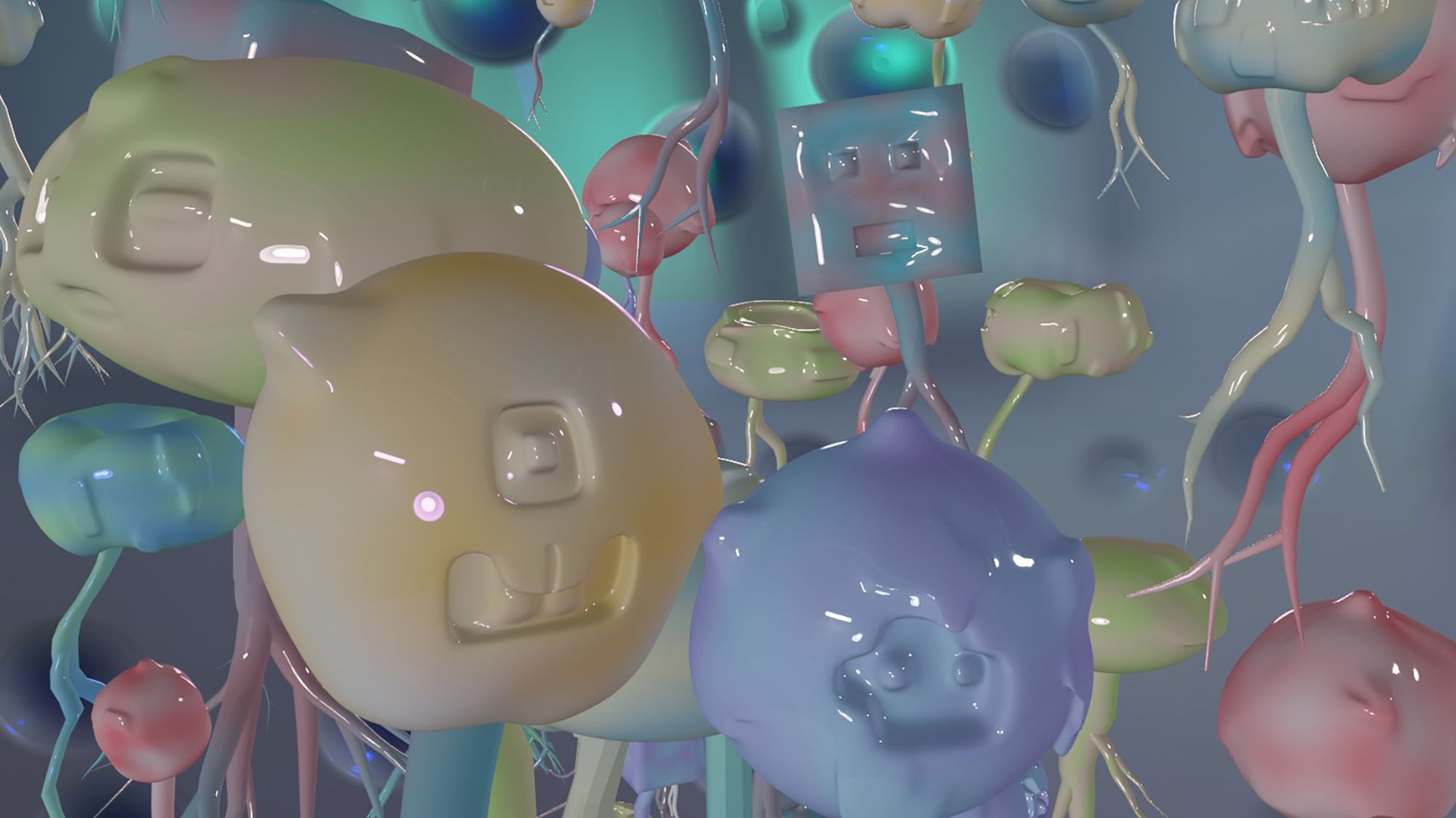 Multiple shiny 3D shapes, in various colours and sizes, with facial features and root-like legs, float against a blue background