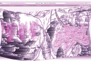 Image of a screenshot of a computer screen, filled with a purple, pink and white abstract image with a curved outline.