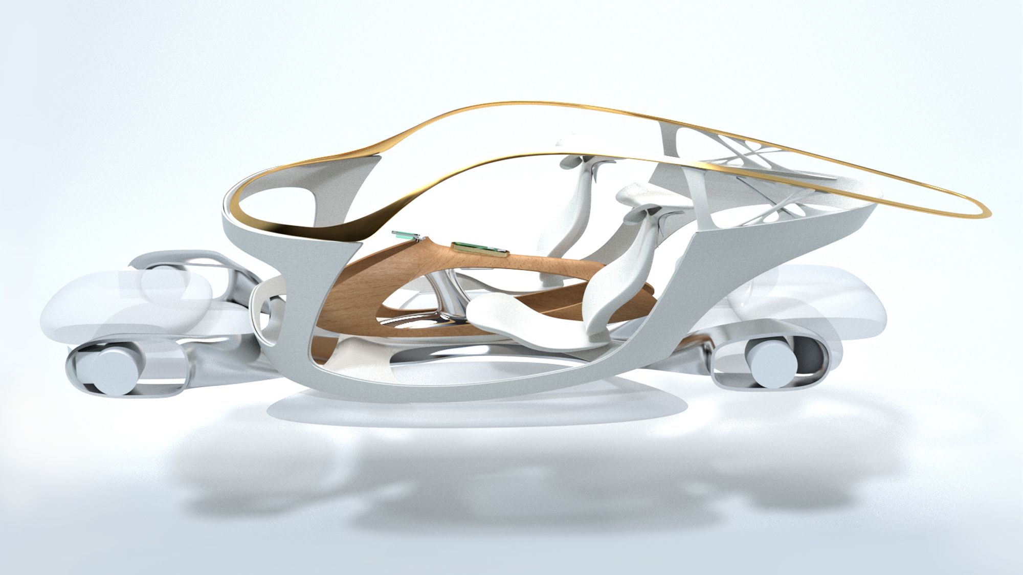 Image of a 3D futuristic-looking vehicle, sideways on, in white with wooden and gold details, seemingly hovering above the ground, on a white background.