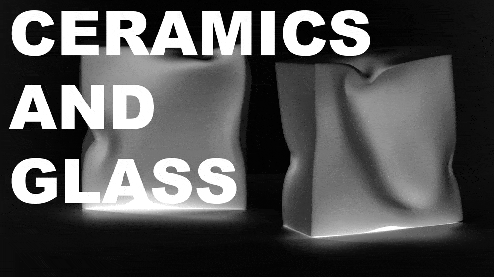 Large uppercase text reads Ceramics and Glass over rapidly changing black and white photographic images showing various pieces of work