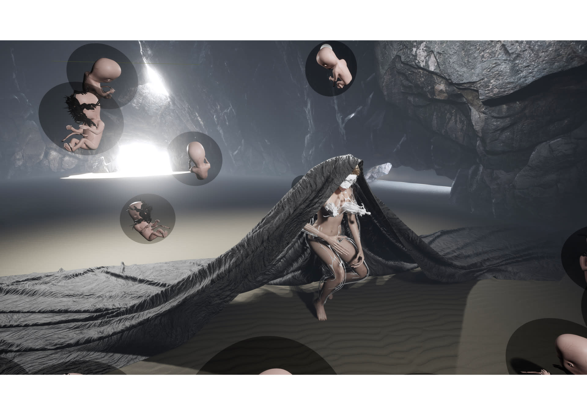 Image of a mannequin-like figure in a cave, bent over and partially covered by a large dark cloth which also covers the sandy-looking ground. Bubbles containing foetus-like figures float above.