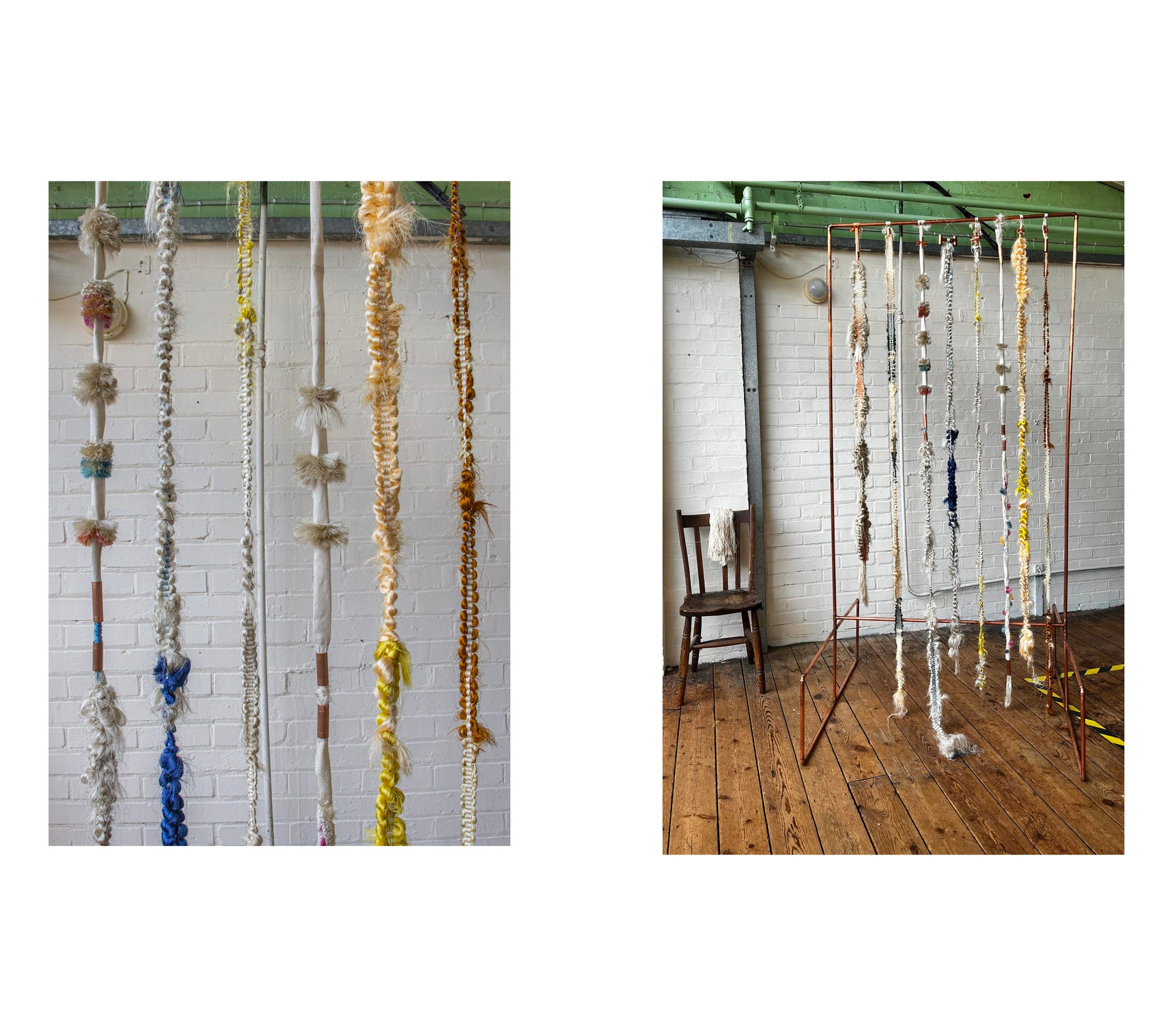 Two photographs on a white background. One on the right shows a row of long dangling objects, in different designs, hanging from a rusty metal frame, and one on the left a close-up of the objects.