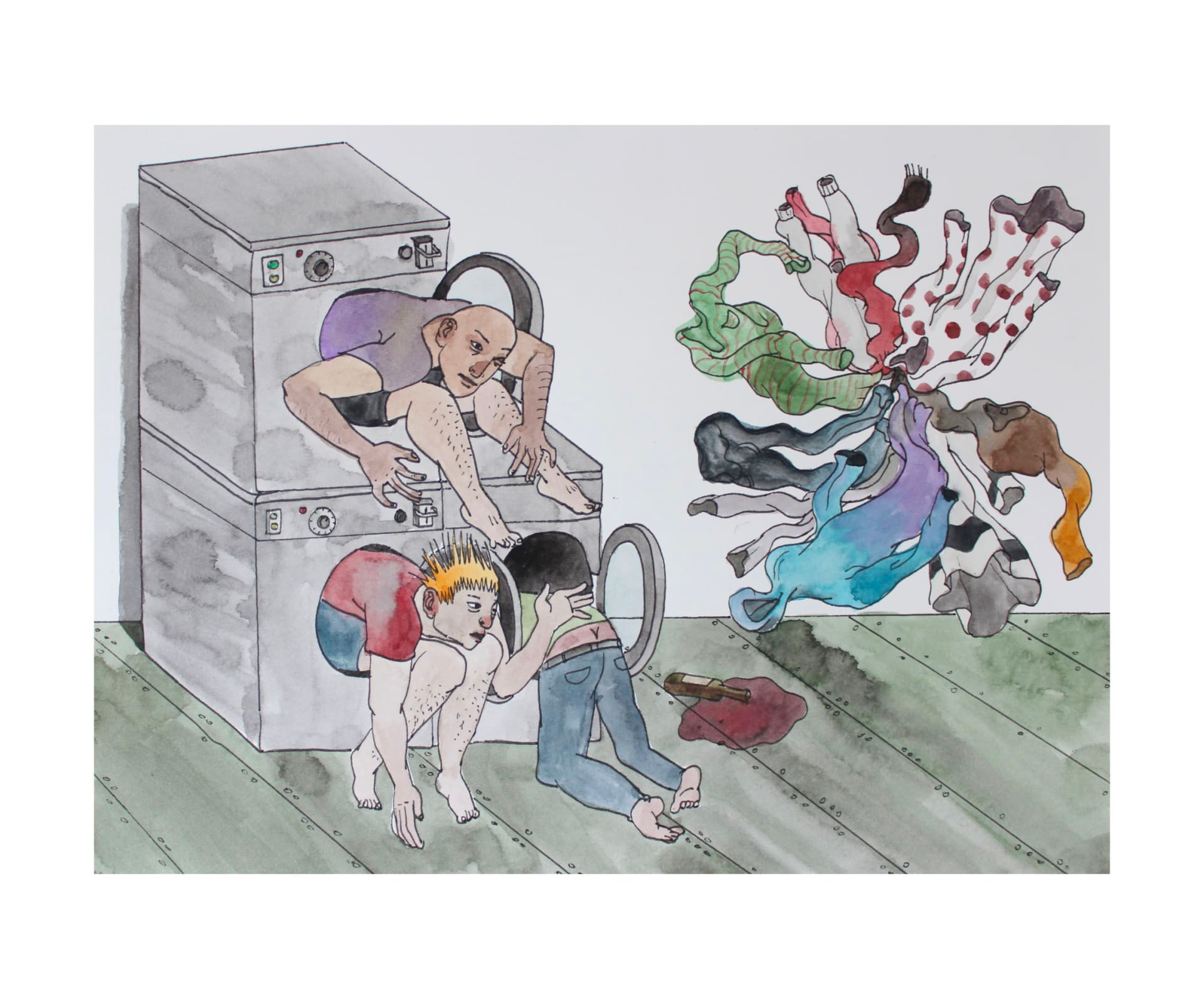 Image of three people climbing in or out, or stuck, in three washing machines or dryers, with a spilled bottle of red wine nearby and a jumble of clothes, swirling in the air next to them.