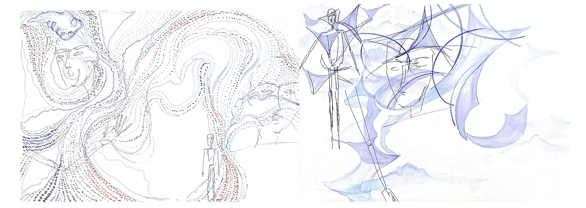Image of two drawings, with two faces and a sketchy human figure surrounded by swirling dotted lines on the left, and a larger face and figure surrounded by blue-washed curved shapes on the right.