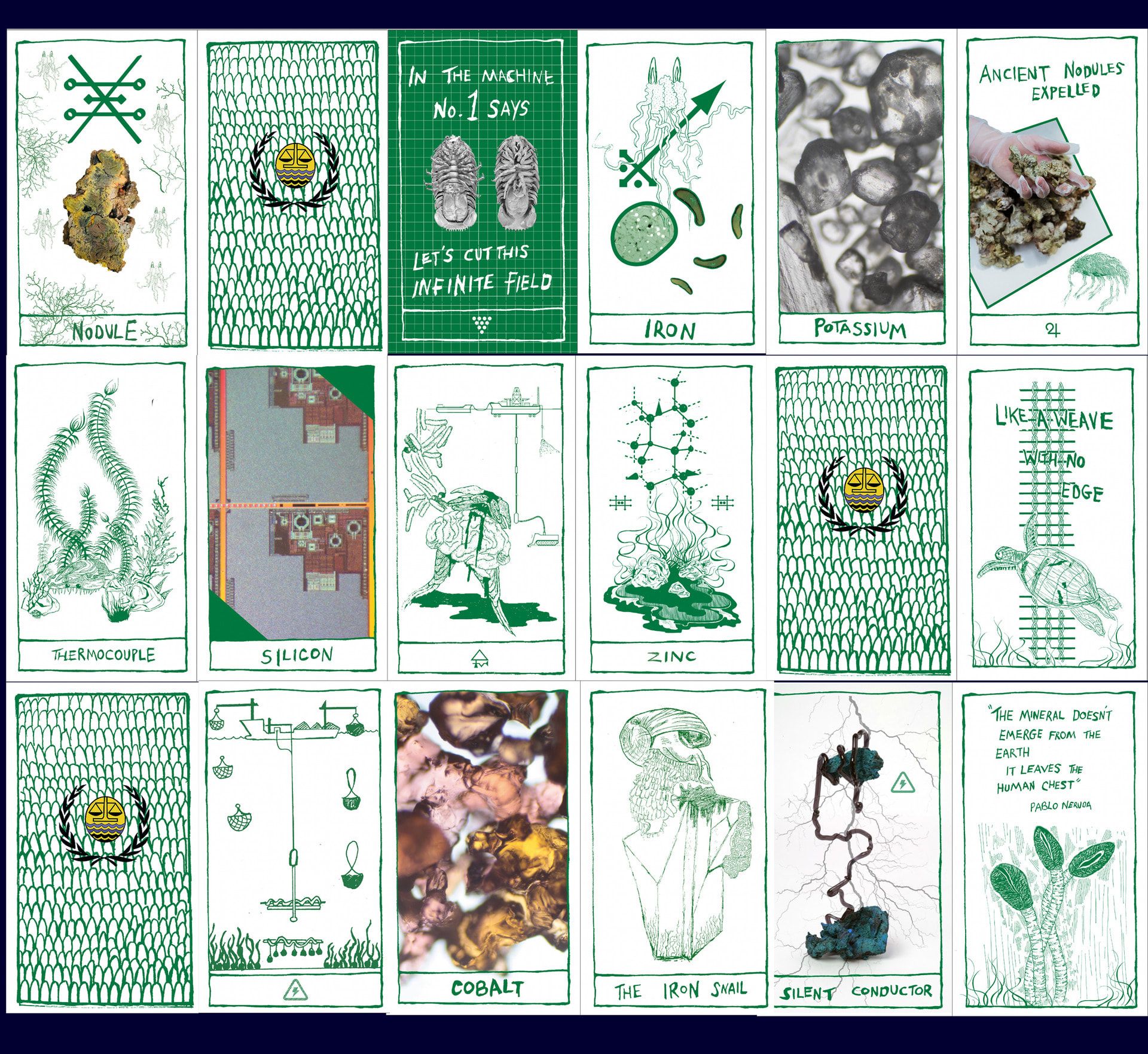 18 cards sit in a 3 by 6 grid, a mix of illustrations and photographs predominantly in green in the style of tarot cards but with images and text related to earthly materials.