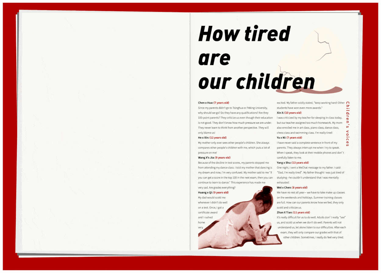 Image which looks like an open book, with a blank left-hand page and the right-hand page filled with text, the headline ‘How tired are our children’, and a small image of a girl sat with pen and paper.