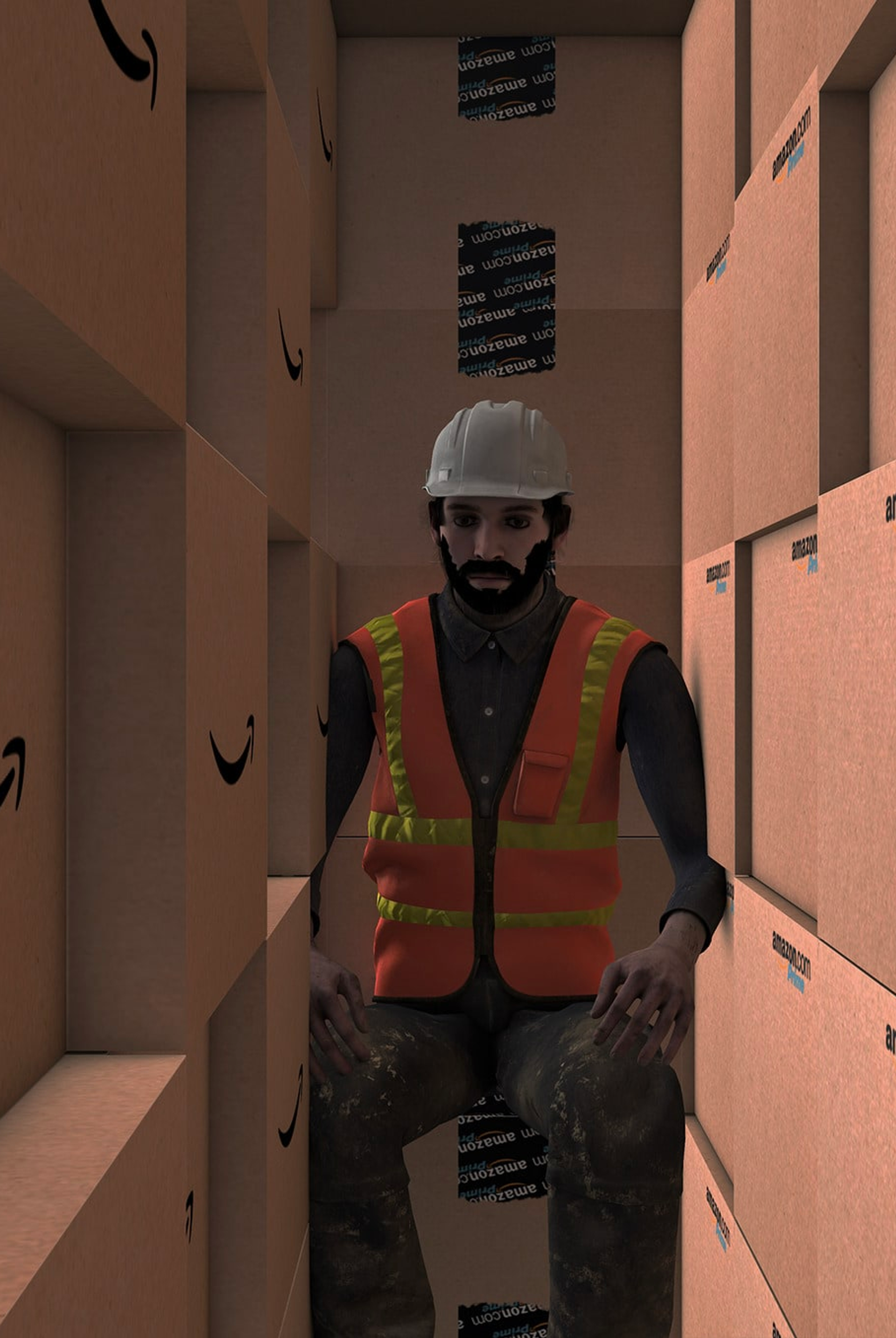 Image of a bearded man wearing an orange high visibility waistcoat and white hard hat, face on, squeezed between tall walls of cardboard boxes with ‘Amazon.com’ printed on them.  By Andreea Iliescu