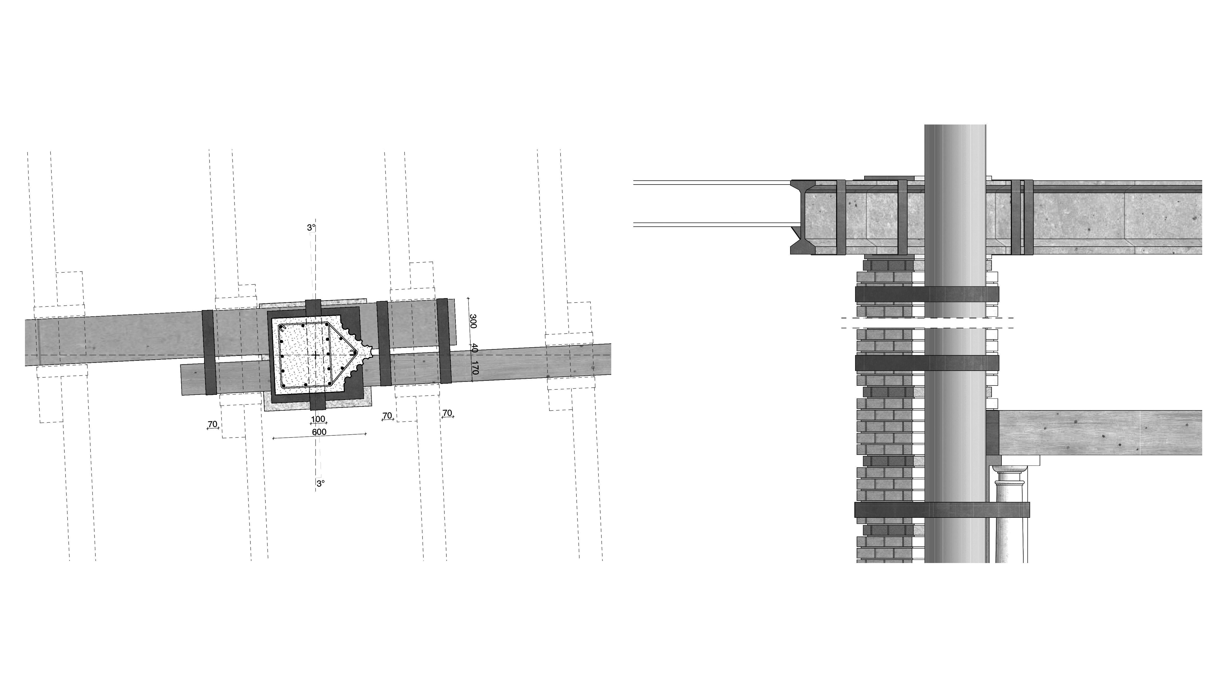 A black and white technical diagram of two architecturally mechanical structures, one in aerial view on the left, the other in profile on the right.