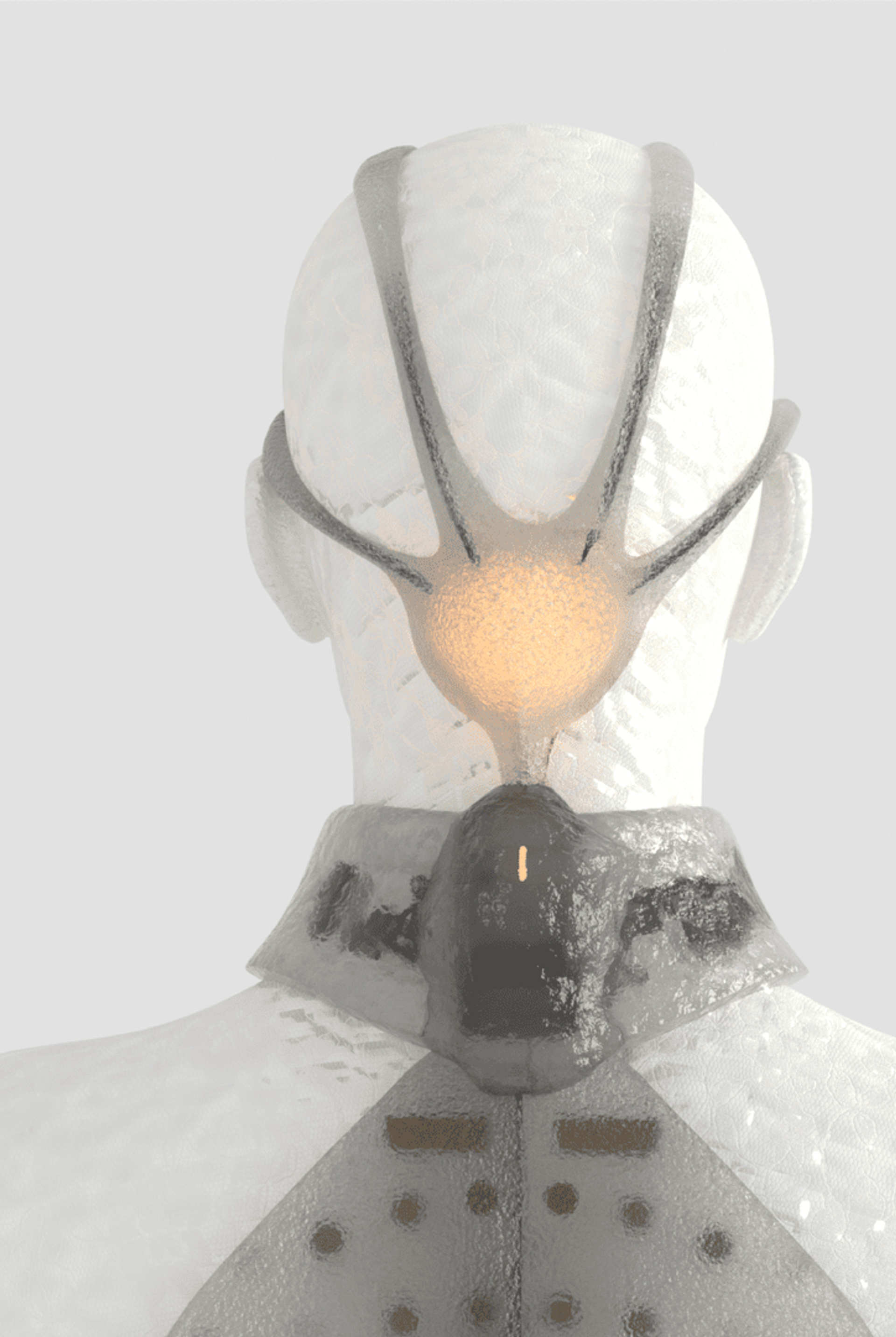Image of the back of a completely white human figure, from the shoulders up, wearing a frosted transparent headpiece, with an illuminated section, attached to a neck collar. By Yutong Fu