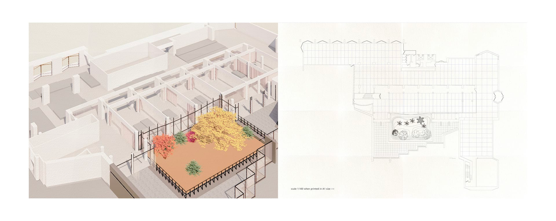 Two images side by the side. The one to the left shows a 3D roofless model of a multi-bedroomed building with a small roof garden. The image on the right is a black and white scale plan of the same building.
