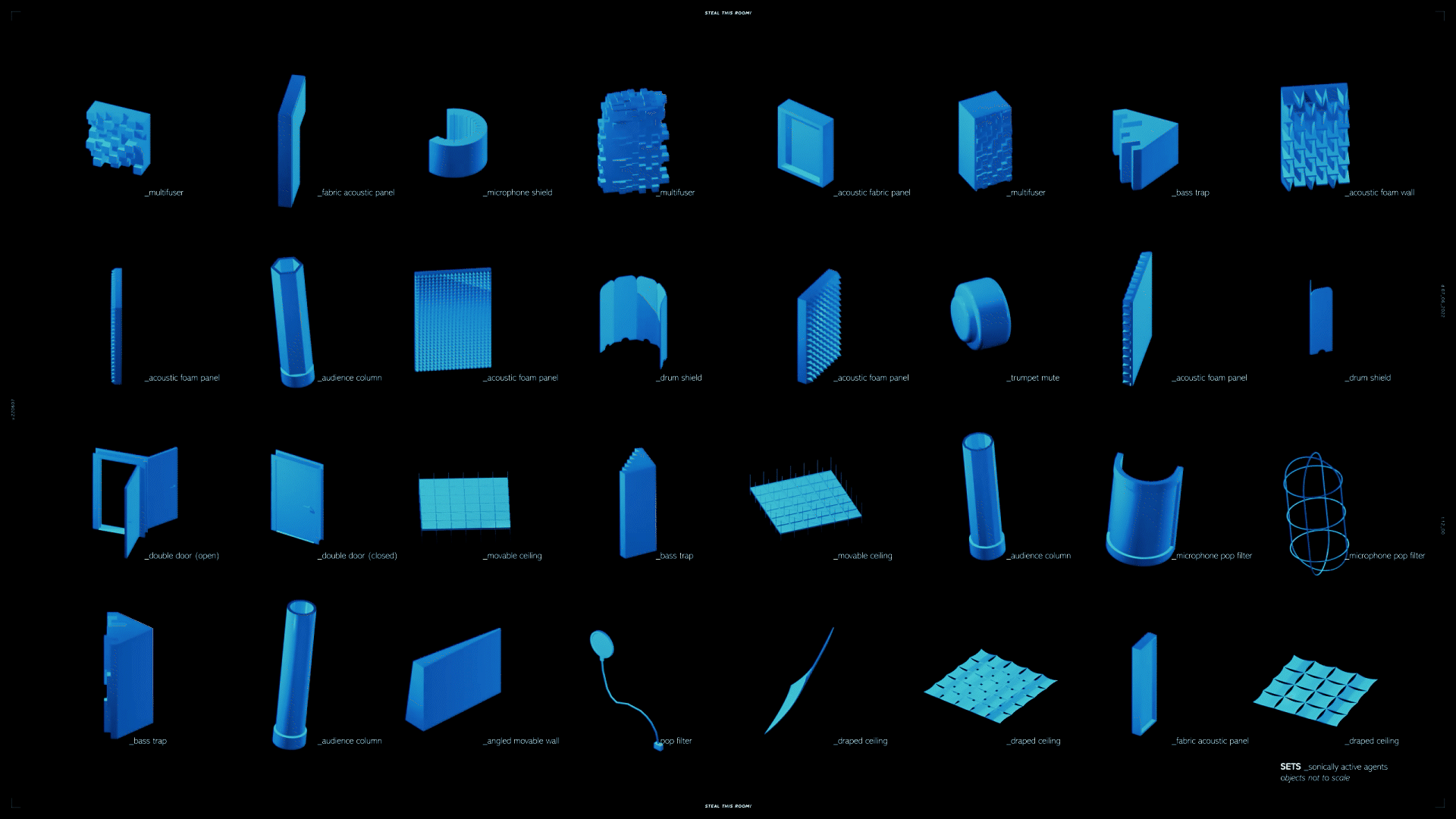 Image of various 32 small blue, three dimensional shapes or objects, each with a label, in four rows of eight, on a black background. 