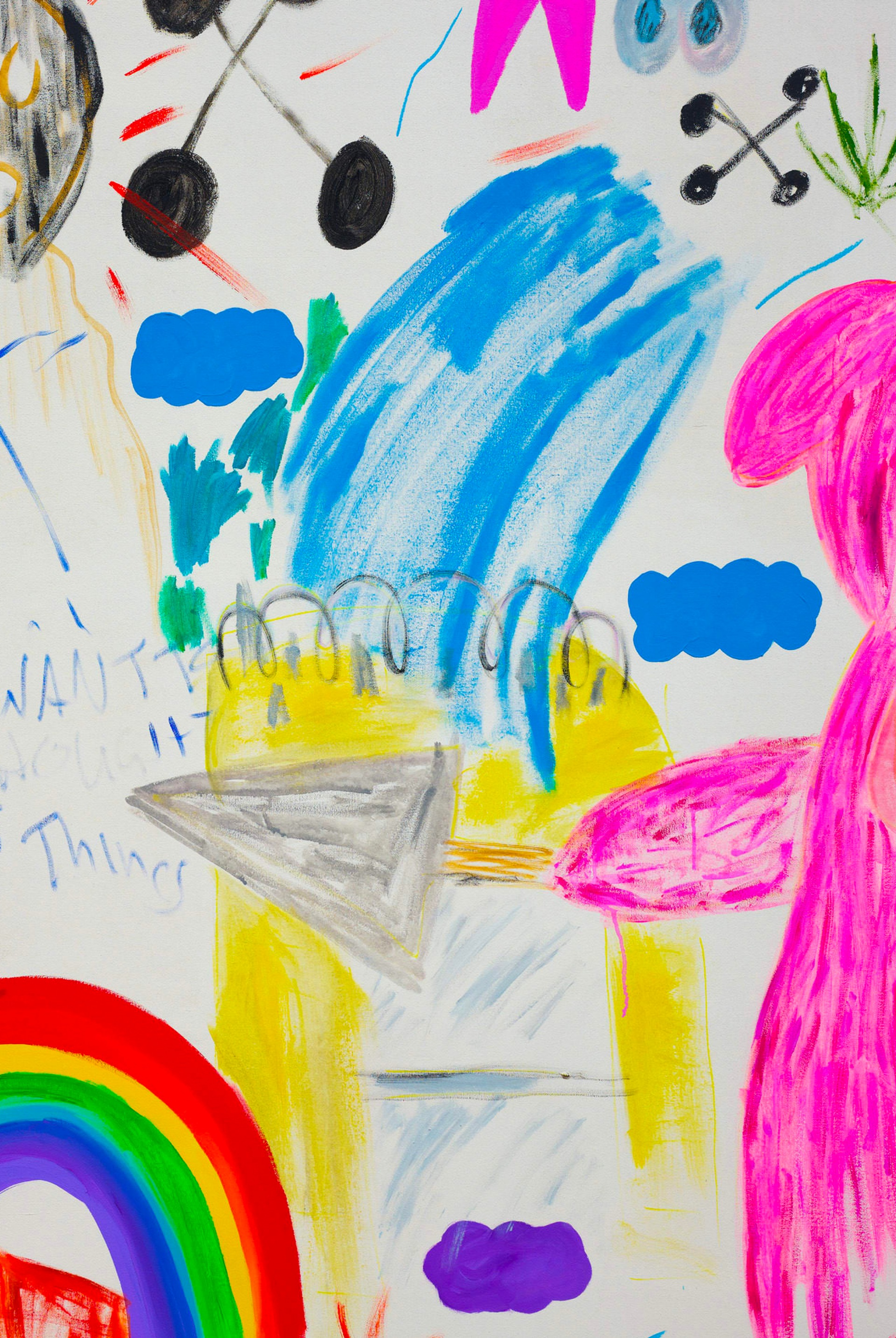 Image of various colourful shapes, handwriting and objects, including a rainbow and a creature like a teddy bear, filling the white background.  By Aoibhin Maguire