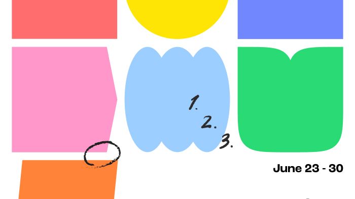 A graphic of coloured shapes on a white background, with black handwriting-style notes including arrows and a circle, and black text reading ‘June 23 to 30, Reset, 2022 SD Final Show’
