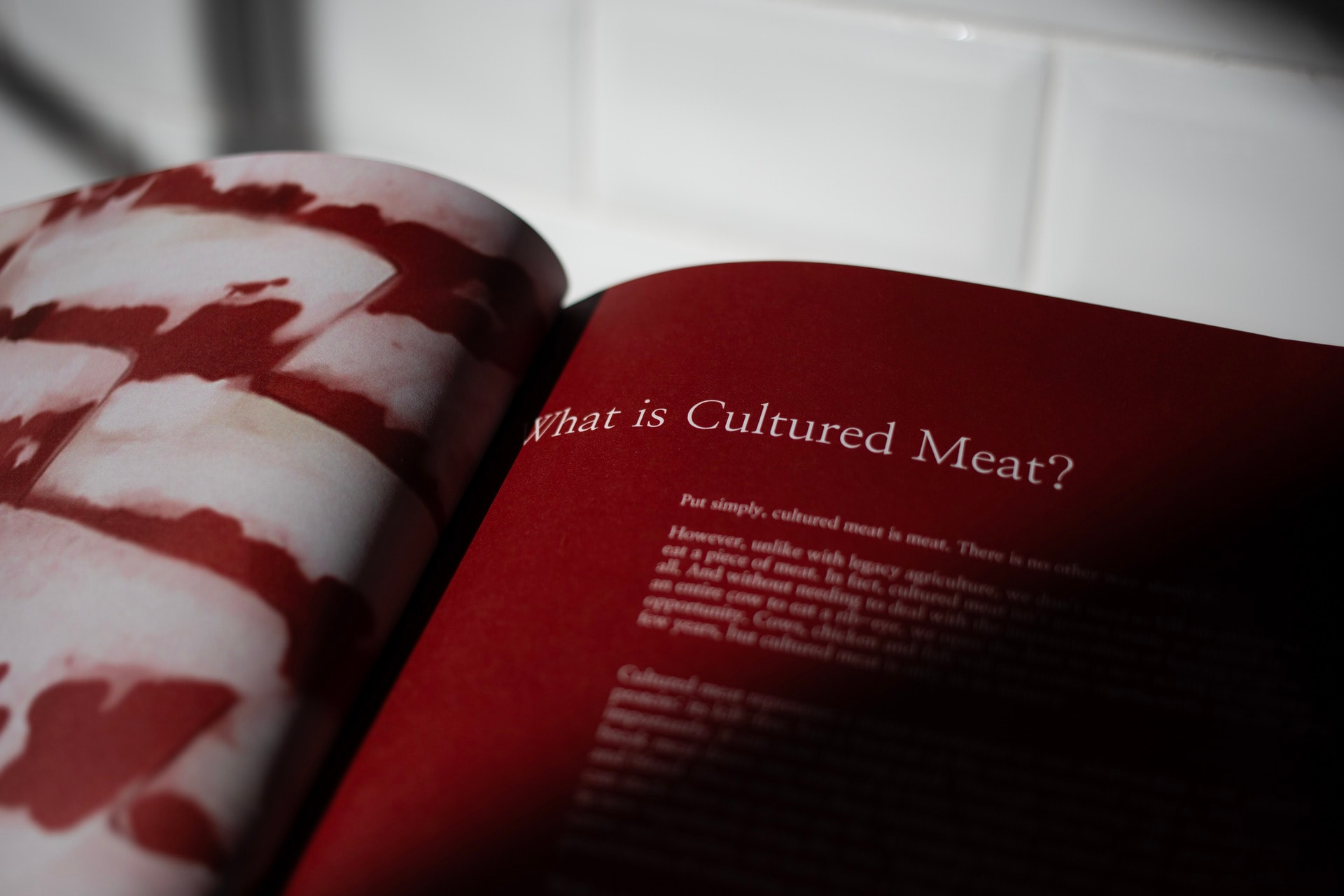 A close-up of a section of an open book. The page on the left has a red and white image and the page on the right has white text on a red background reading: "What is Cultured Meat?".