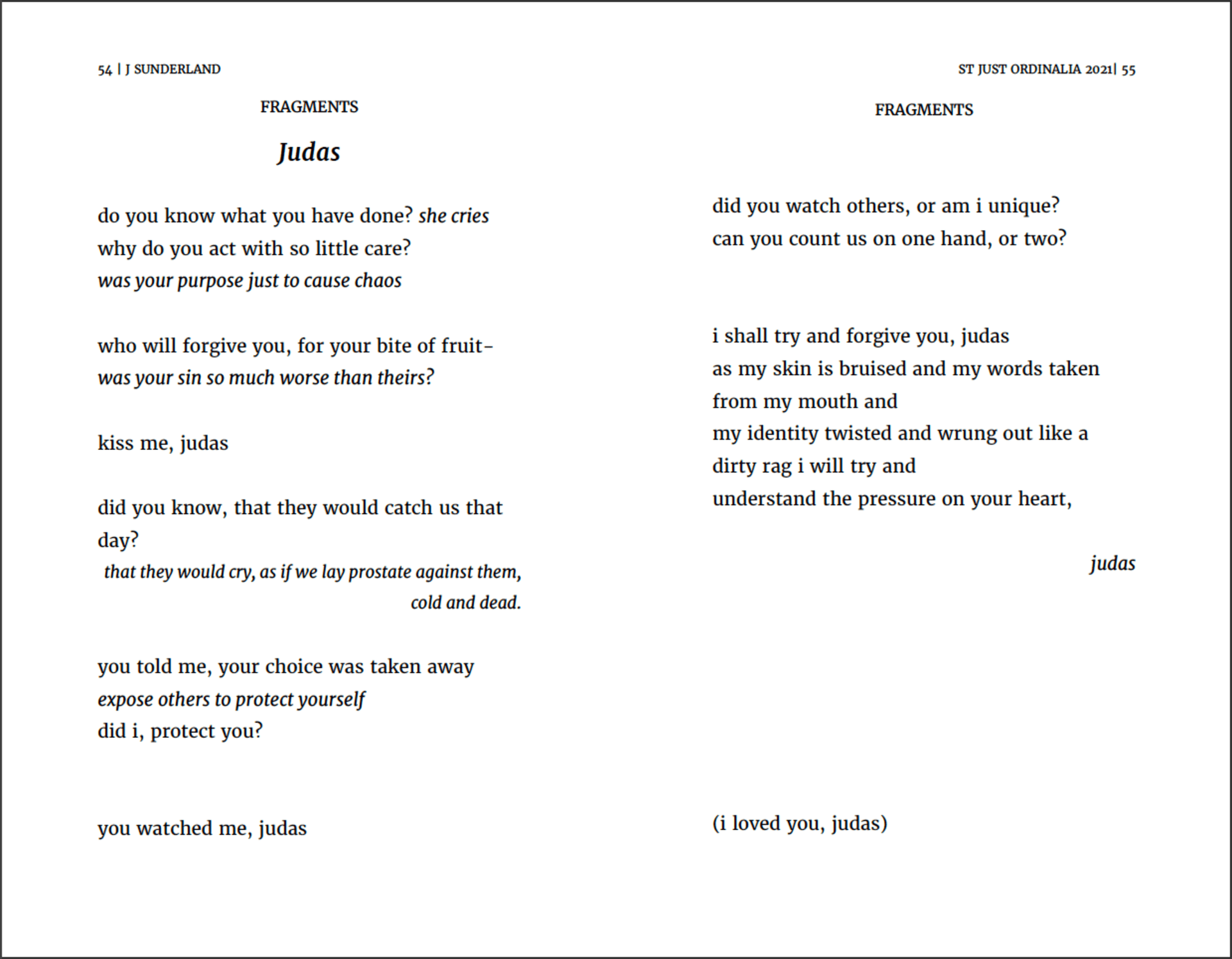 Image of a poem, titled 'Judas' in black text on white background, spread over two columns.