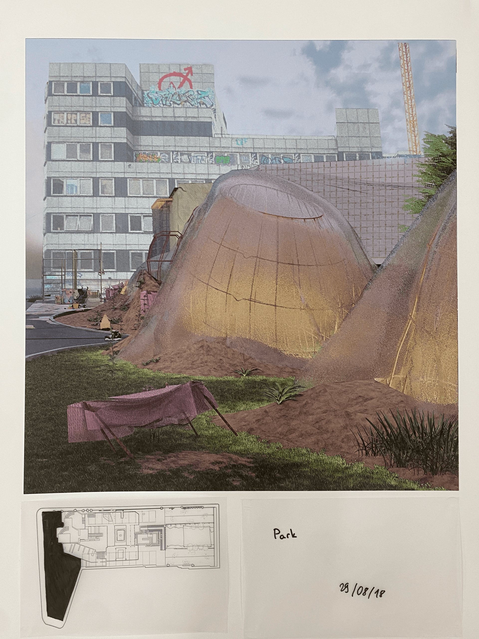 Image of transparent dome-shaped tent-like structures erected in front of a graffitied block of flats, with an aerial plan and a handwritten label, below it.