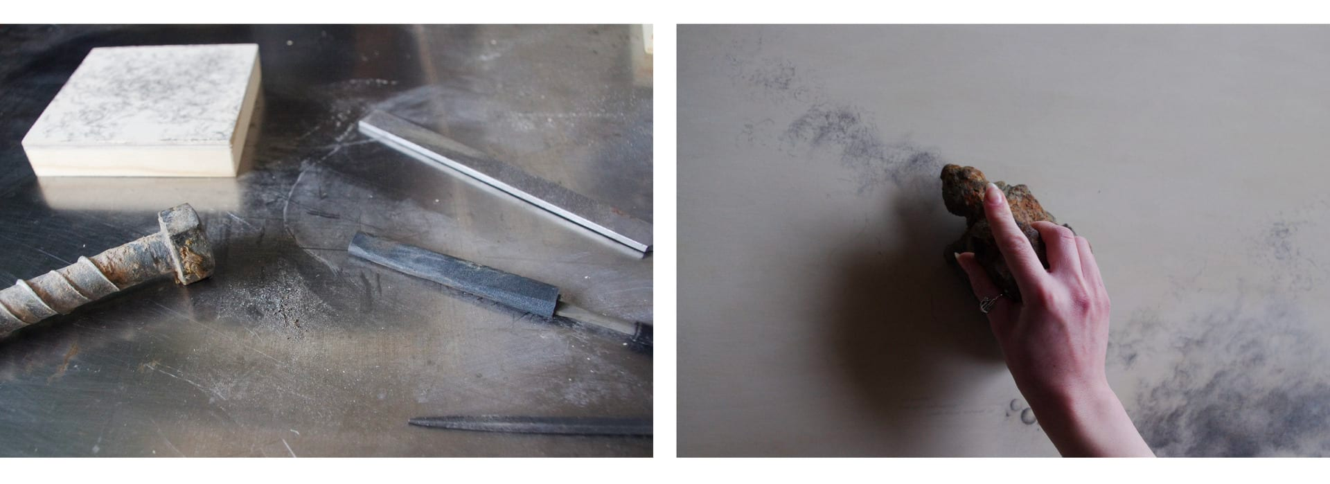 An image of tools lying on a shiny, dusty surface on the left, and on the right an image of a hand dabbing what looks like a rag, onto a surface making dark cloud-like marks.