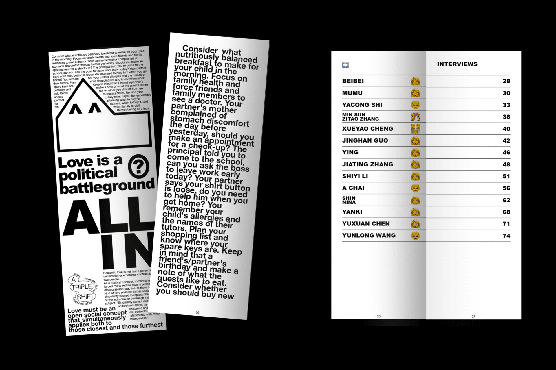 Image of three rectangular white pages of black text, against a black background. Two on the left are of the same size, and the one on the right is wider, and appears to be a folded index page.