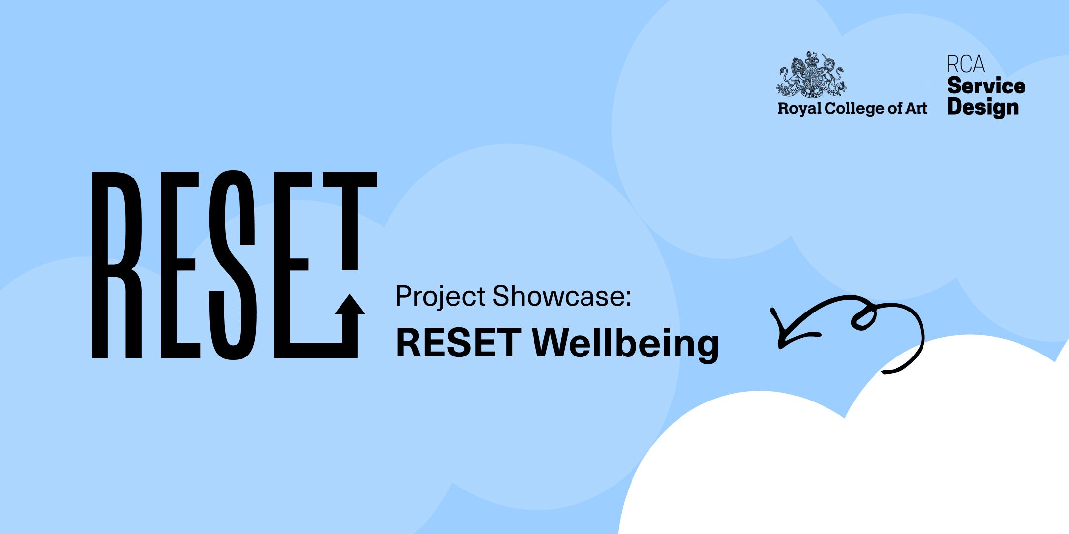 A graphic of very light blue and white, abstract cloud-like shapes on a sky blue background, with a small looping black arrow, with black text over, reading ‘Reset. Project Showcase: Reset Wellbeing’
