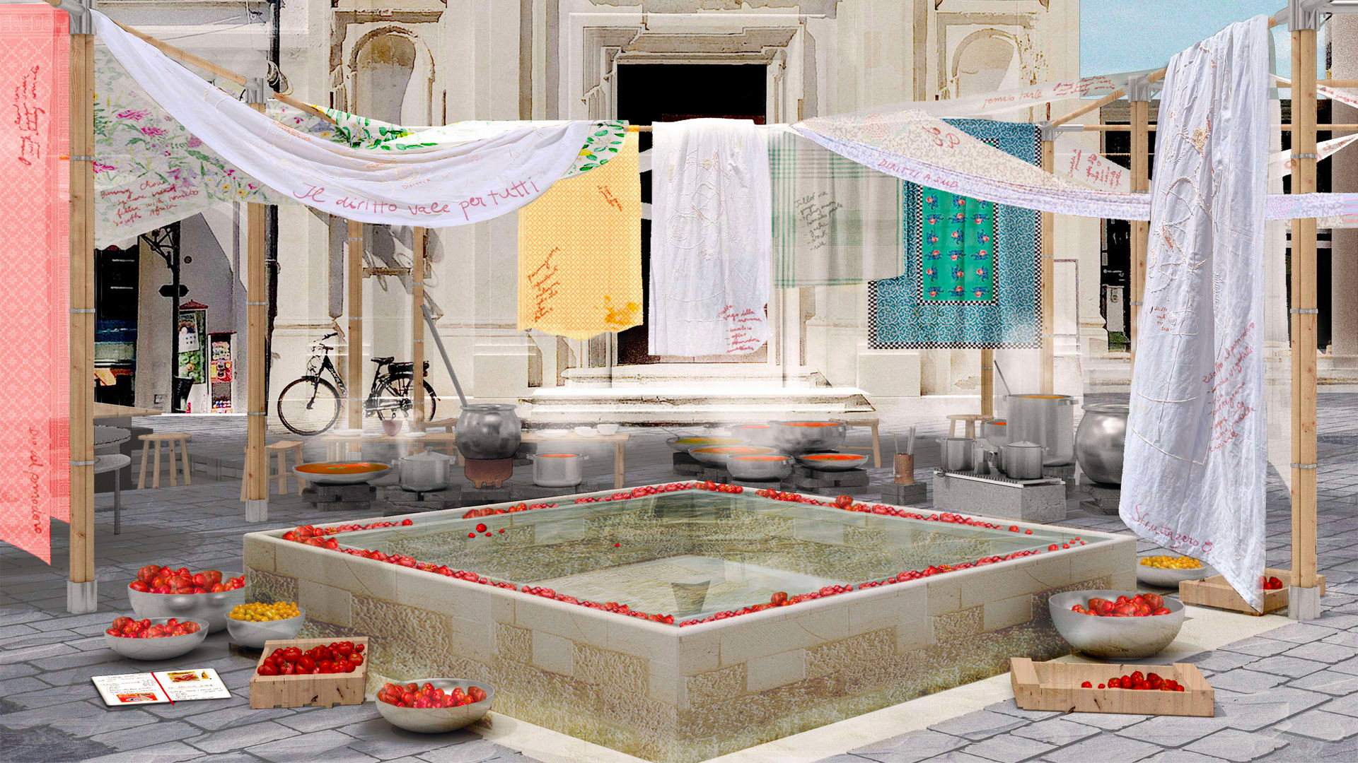 Image of a raised square shallow pool, corner on, its edges covered in tomatoes and fabric swathed on frames above, in what appears to be an open-air cooking area in a town.
