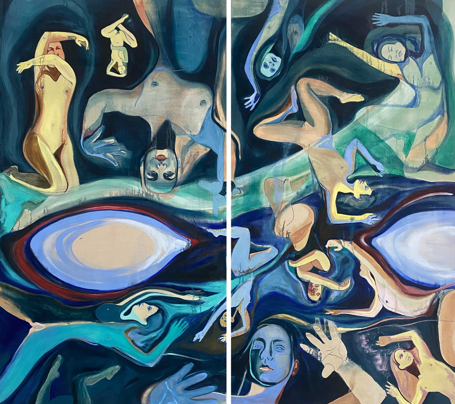 Abstract image of numerous human nudes floating in different directions, in shades of blue, green and yellow, spread across two separate rectangular panels..