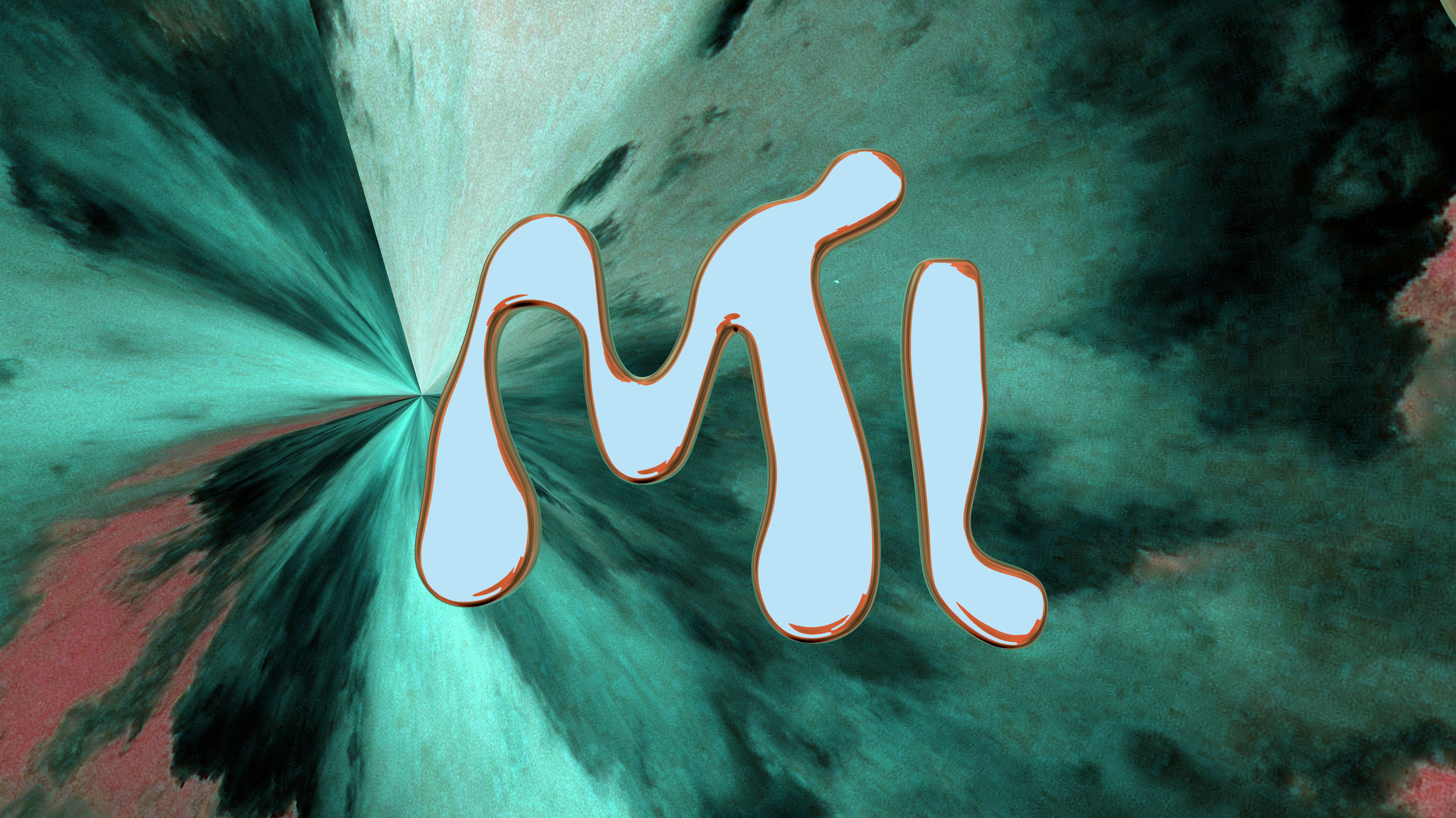 Image of curvy letters M and I in pale blue, outlined in orange, on a swirly green, blue and red background