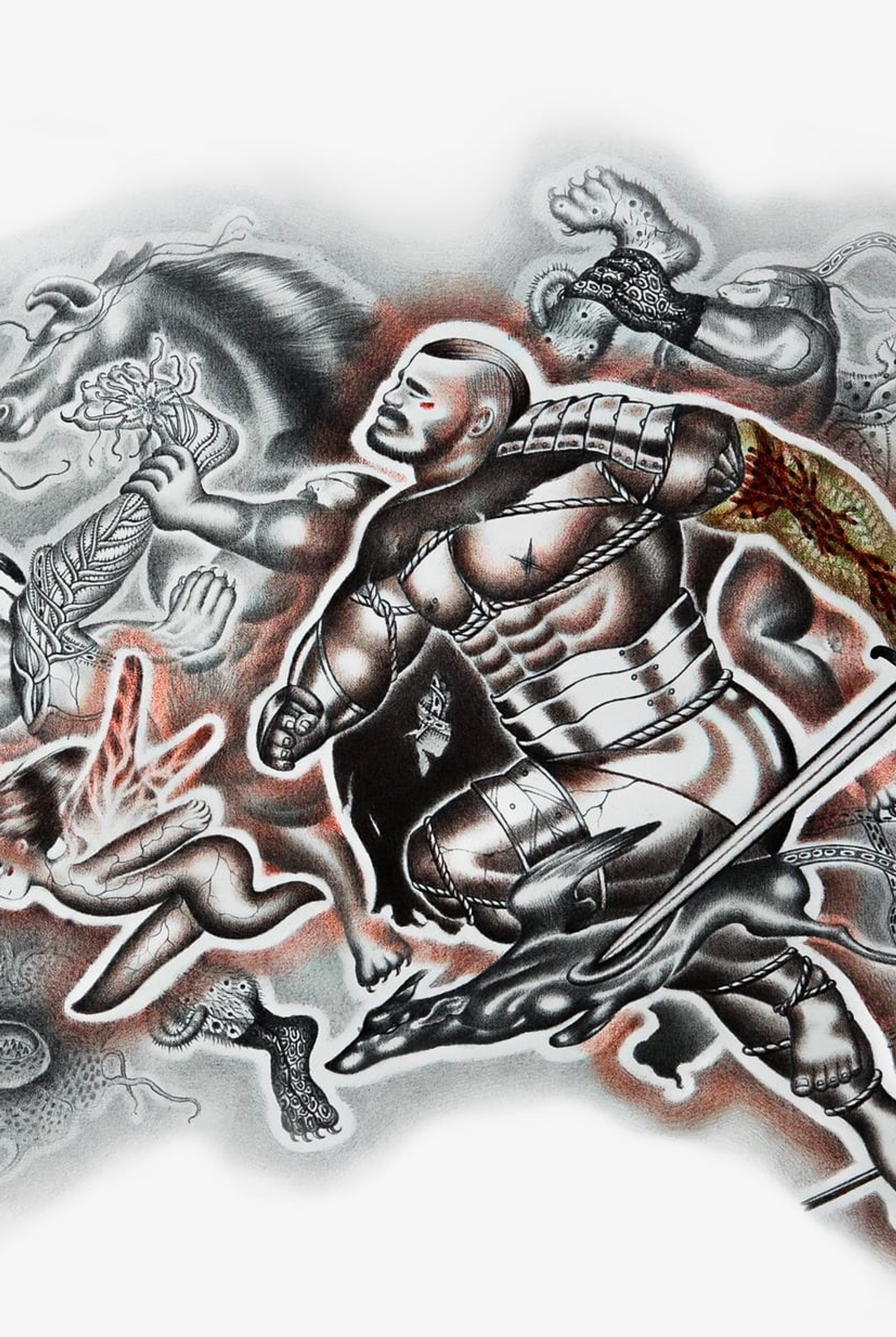 An image by Hao Zhang, of drawn figures in movement, in tones of black, white and bronze, including a horse, winged creatures and a bearded man wearing armour, a cape and carrying a sword.