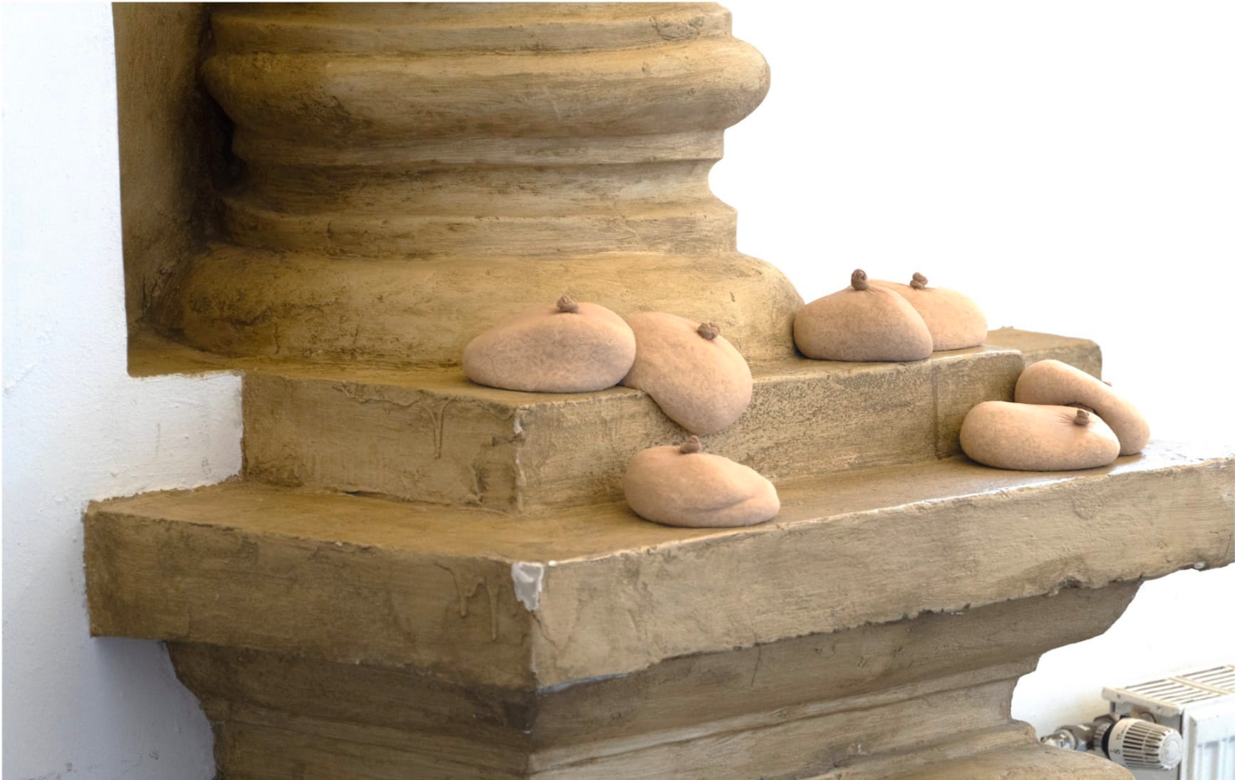 Image of seven rounded slightly floppy-looking beige objects, each with what looks like a little brown teat, placed or draped on a ledge of an architectural feature.