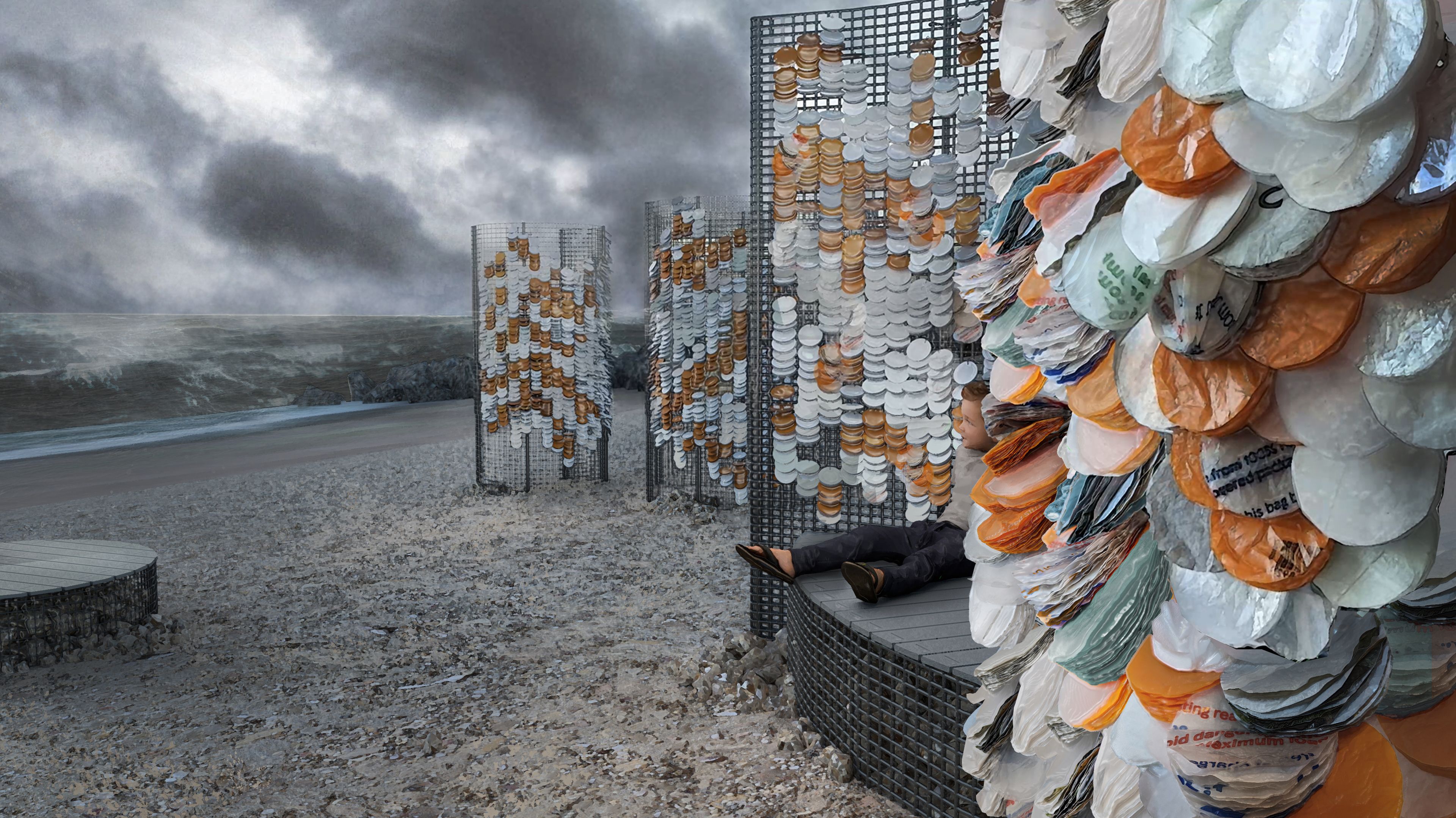 A photograph of tall metal grids covered in discs made from mostly orange and white plastic bags, displayed on a beach. A small child sits next to one. By Teresia Guest