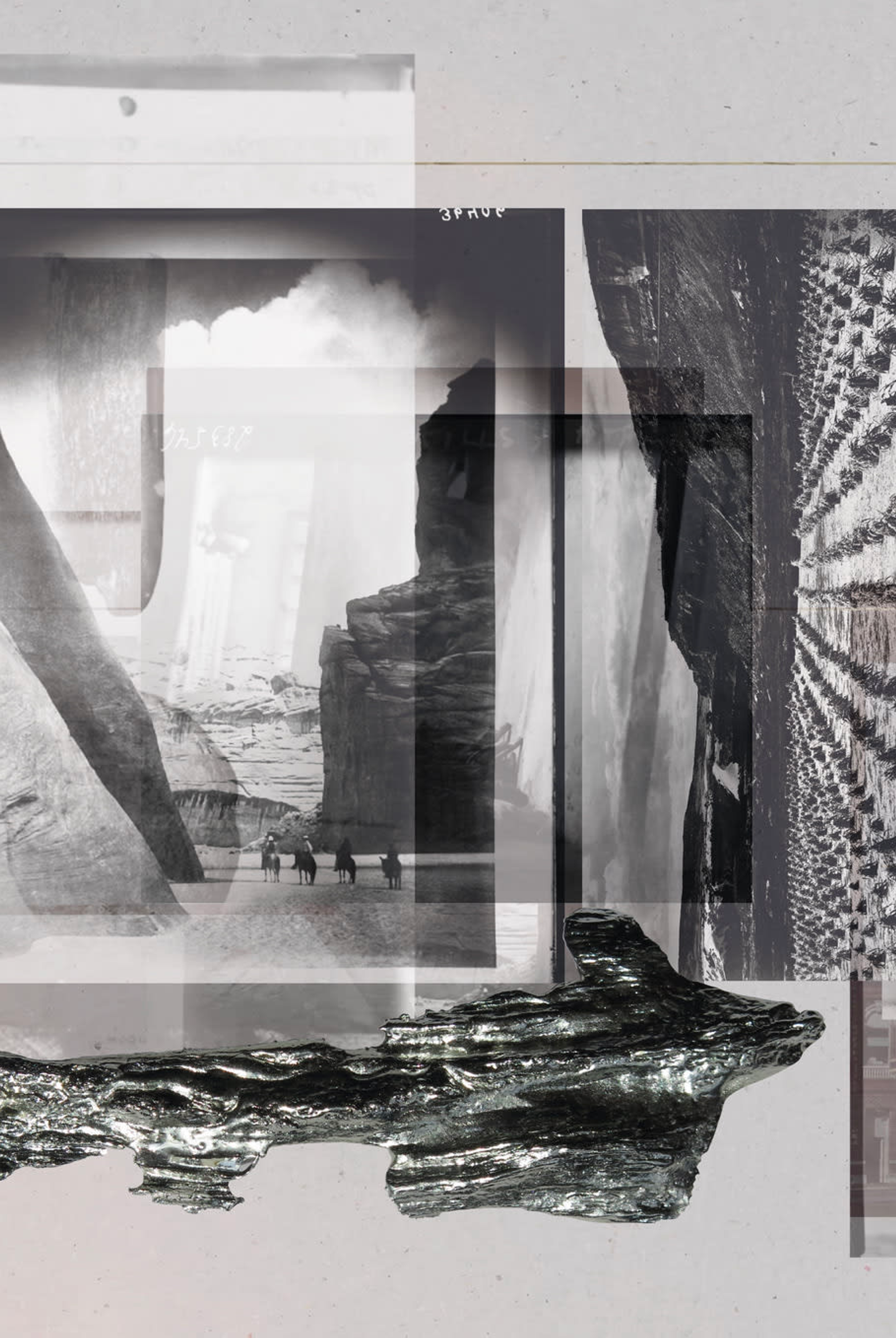 Image of a collage of black and white photographs, some overlapping or transparent, and one featuring four people on horses next to rocks or cliffs, and a long, dark unknown object. By Georgia May Jaeckle