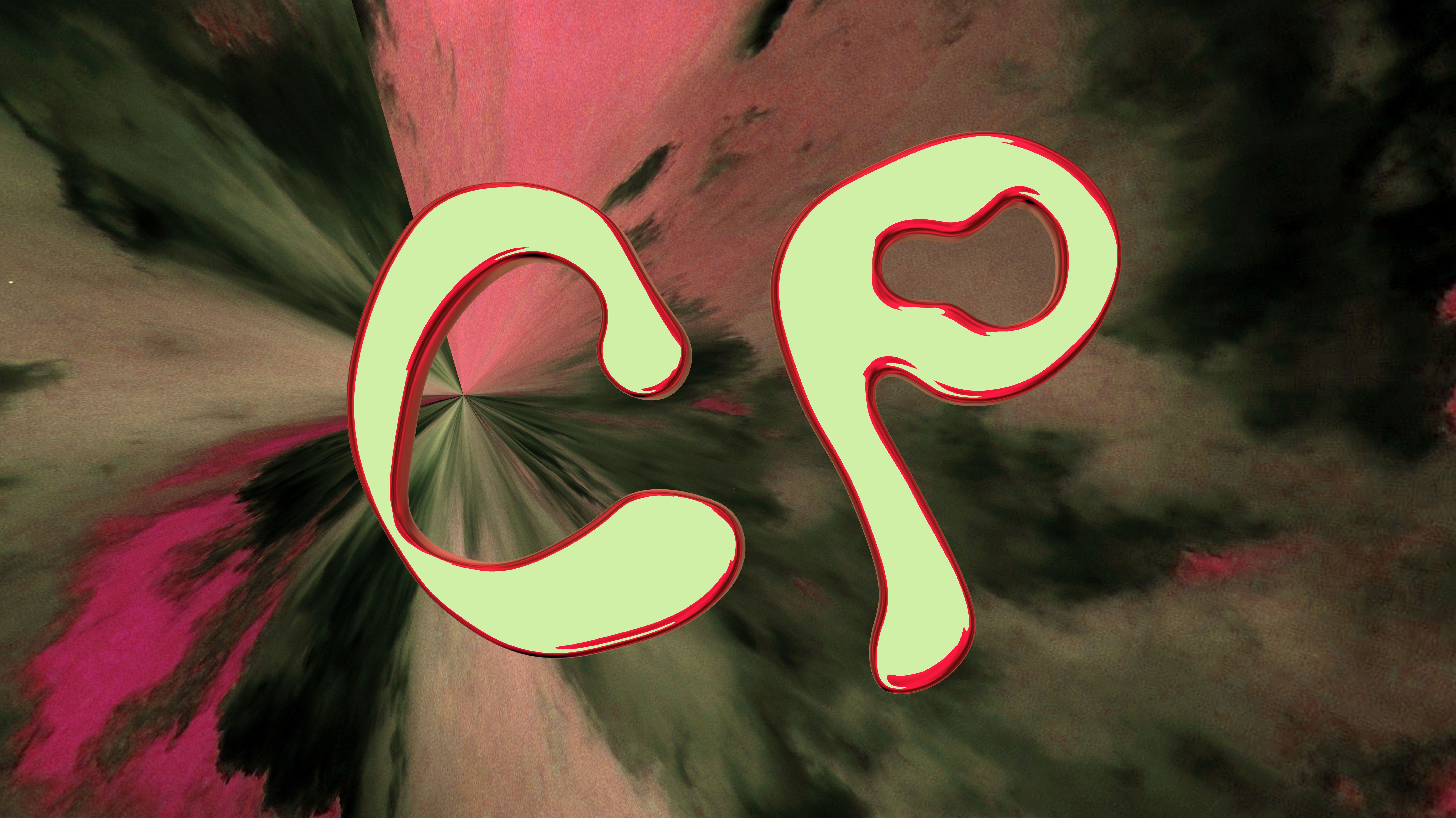The letters C and P in yellow outlined in red, on a swirly pink and brown background