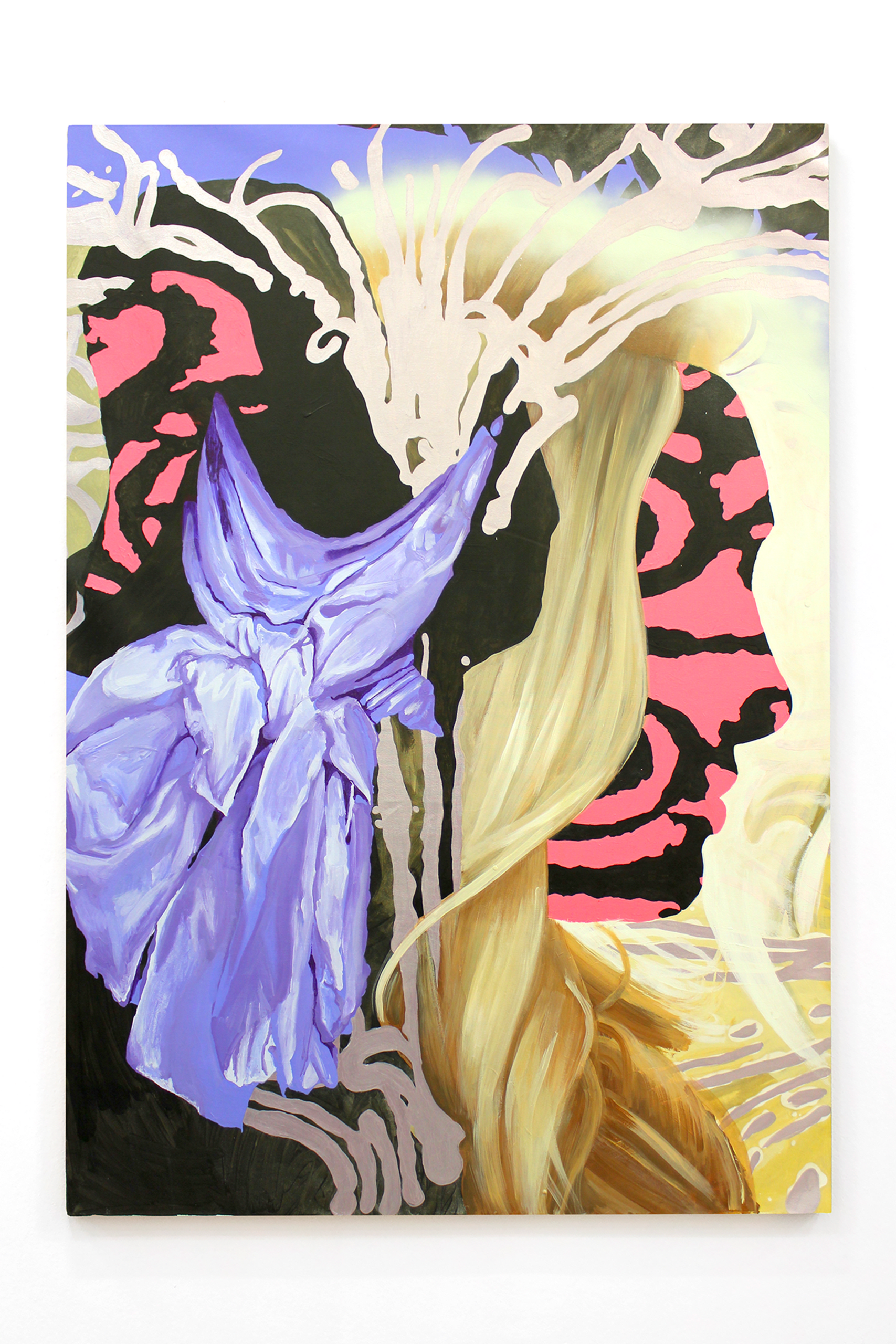 Abstract image of a head, turned almost in profile, with long blonde hair created from different contrasting elements and with the outline of the face filled with a pink and black pattern.