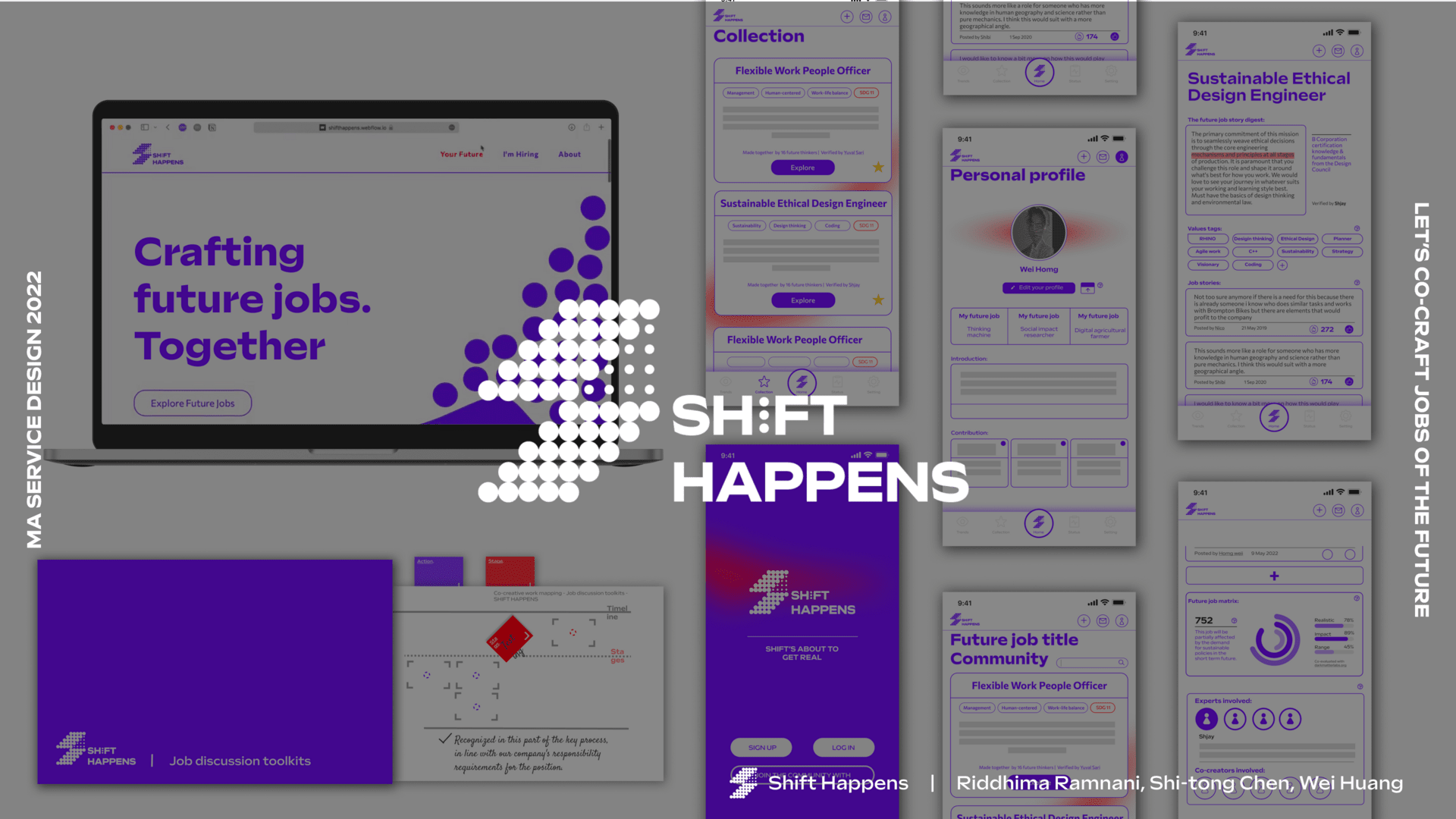 Image of a laptop screen and multiple mobile phone screens, showing various pages of a job search website with a white logo and text saying ‘Shift Happens’ over the top.