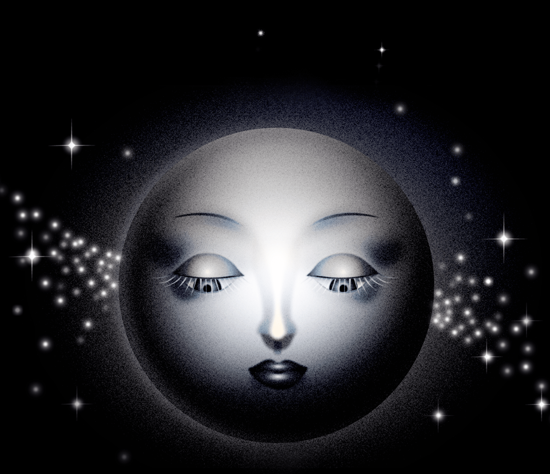 Black and white image of a sphere with a feminine face, floating on a background dotted with stars.