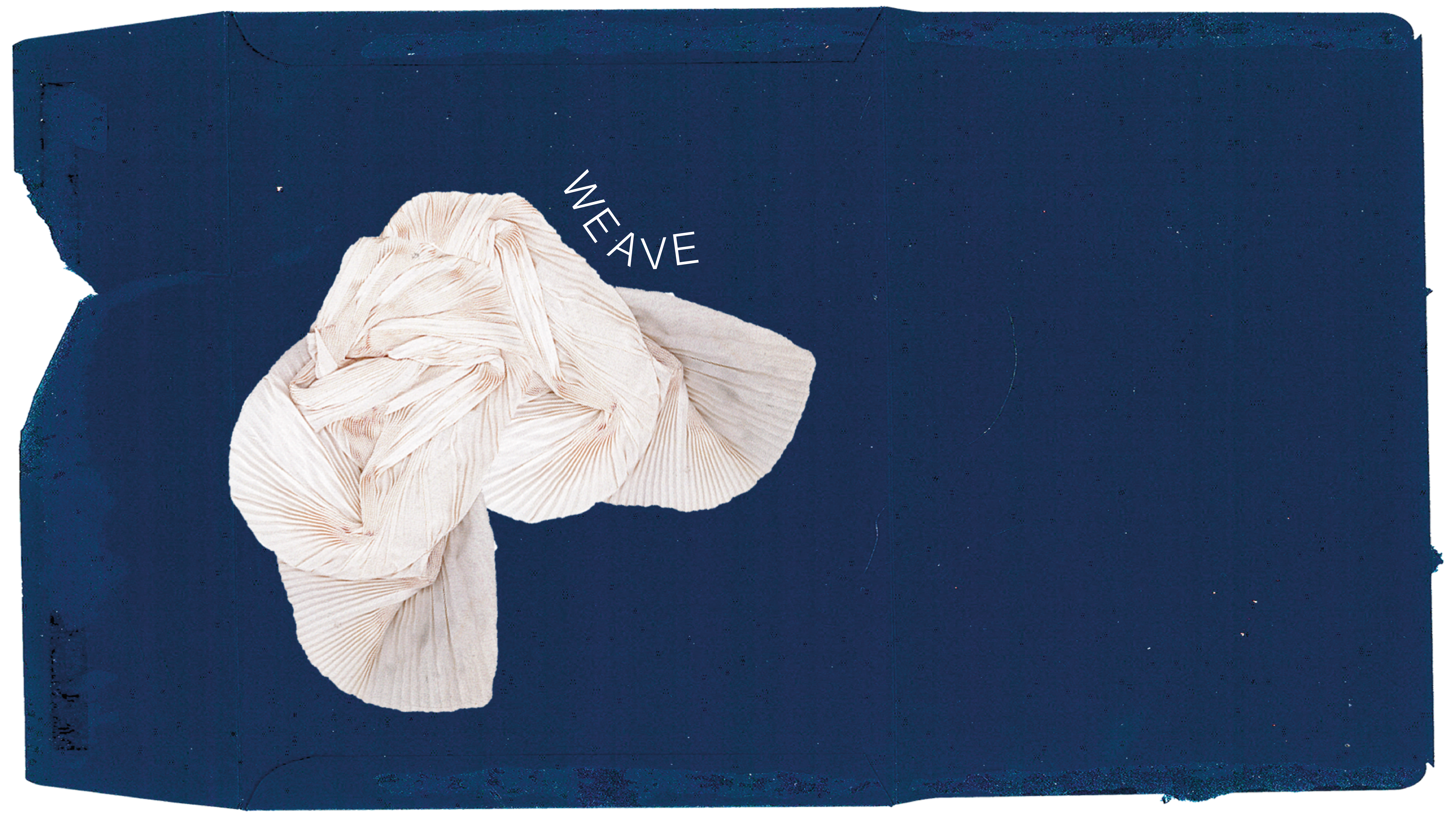 Graphic saying 'weave' in white writing, with navy background, with a cream abstract shape below