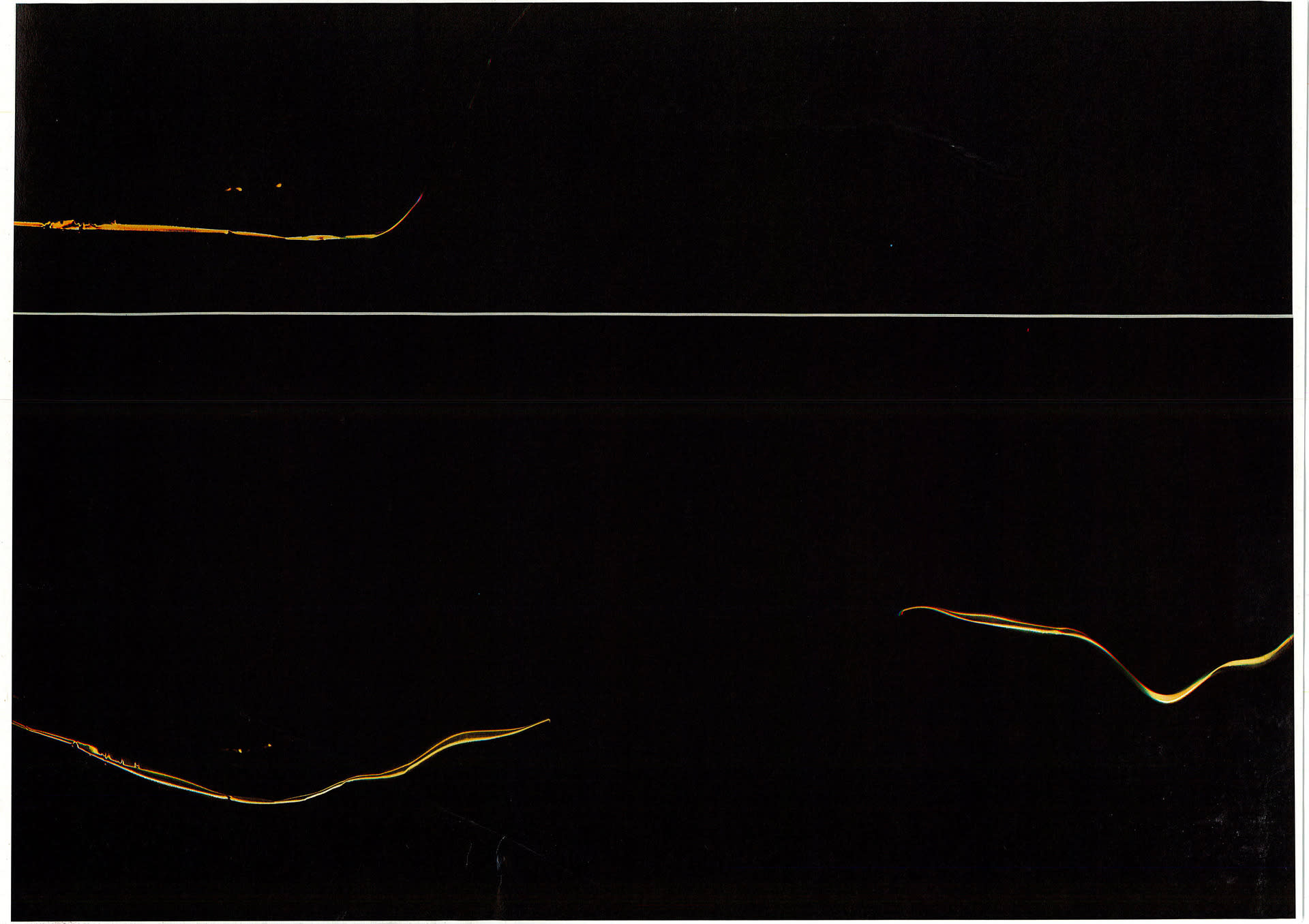Image with a black background with a thin white horizontal straight line about a quarter of the way down, with three floating thin horizontal streaks and a few small dots of electrified yellow. 