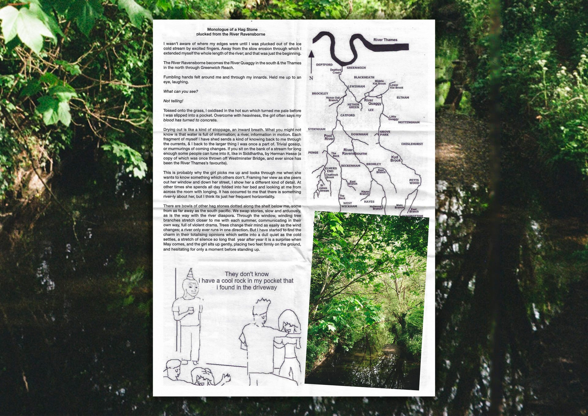 Image of a sheet of paper with fold marks, with text, a cartoon drawing, a map and photograph of a river or stream beneath trees,  on top of a background of the same photograph.