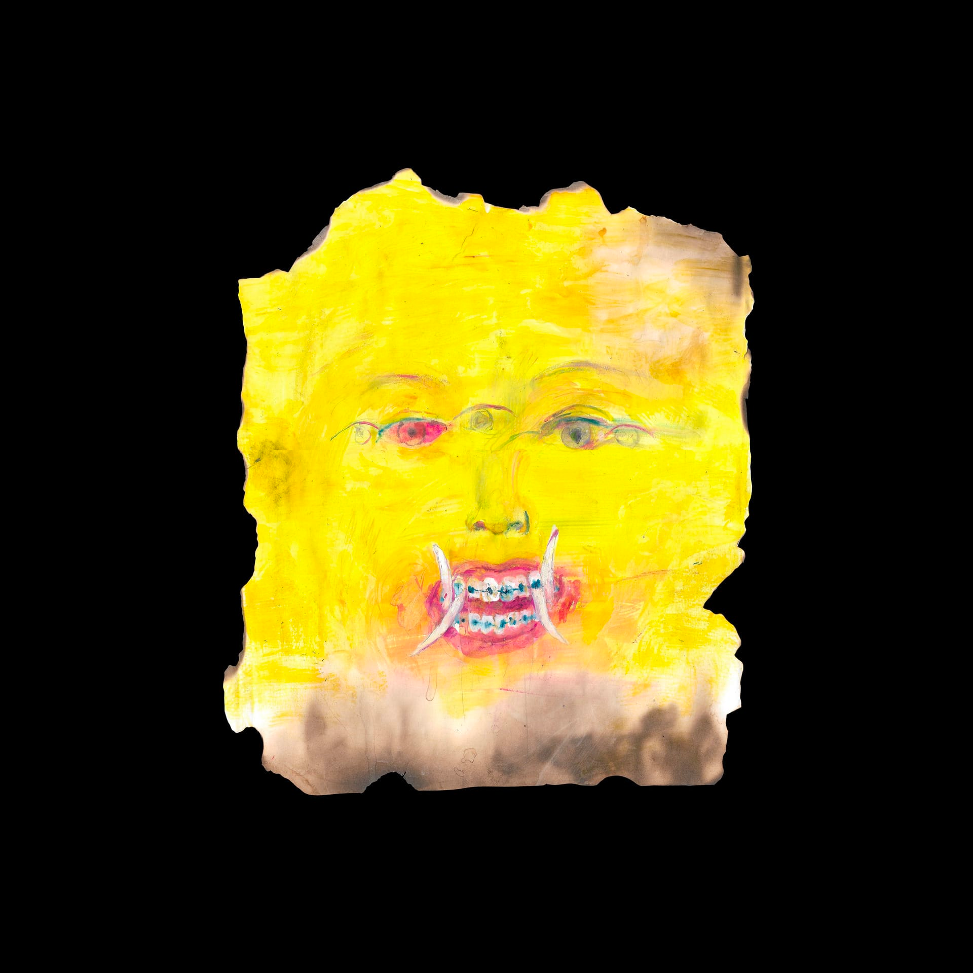 Image of an abstract yellow face, with a ragged border and open mouth with braces on upper and lower teeth, floats in the middle of a black background.