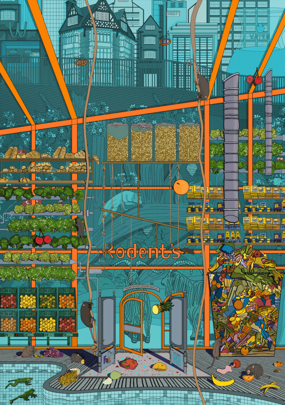 Colourful illustration of what looks like a grocery shop, with a sign above the doorway reading ‘Rodent’s’, with two rat or mouse figures climbing rope-like structures that hang in the space.
