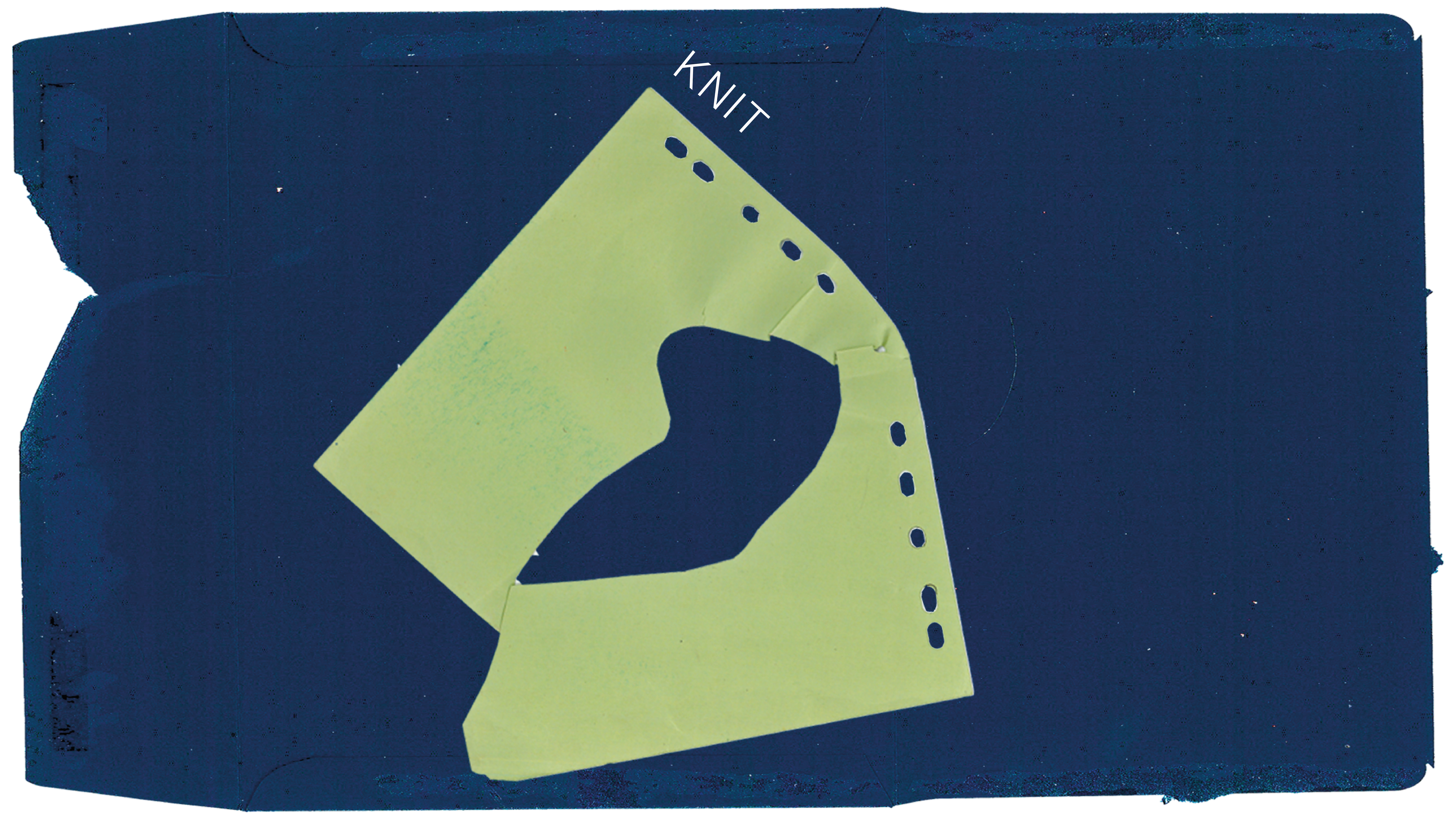 Graphic saying 'knit' in white letters above a green shape which looks like a piece of sewing pattern, on a background of navy fabric.