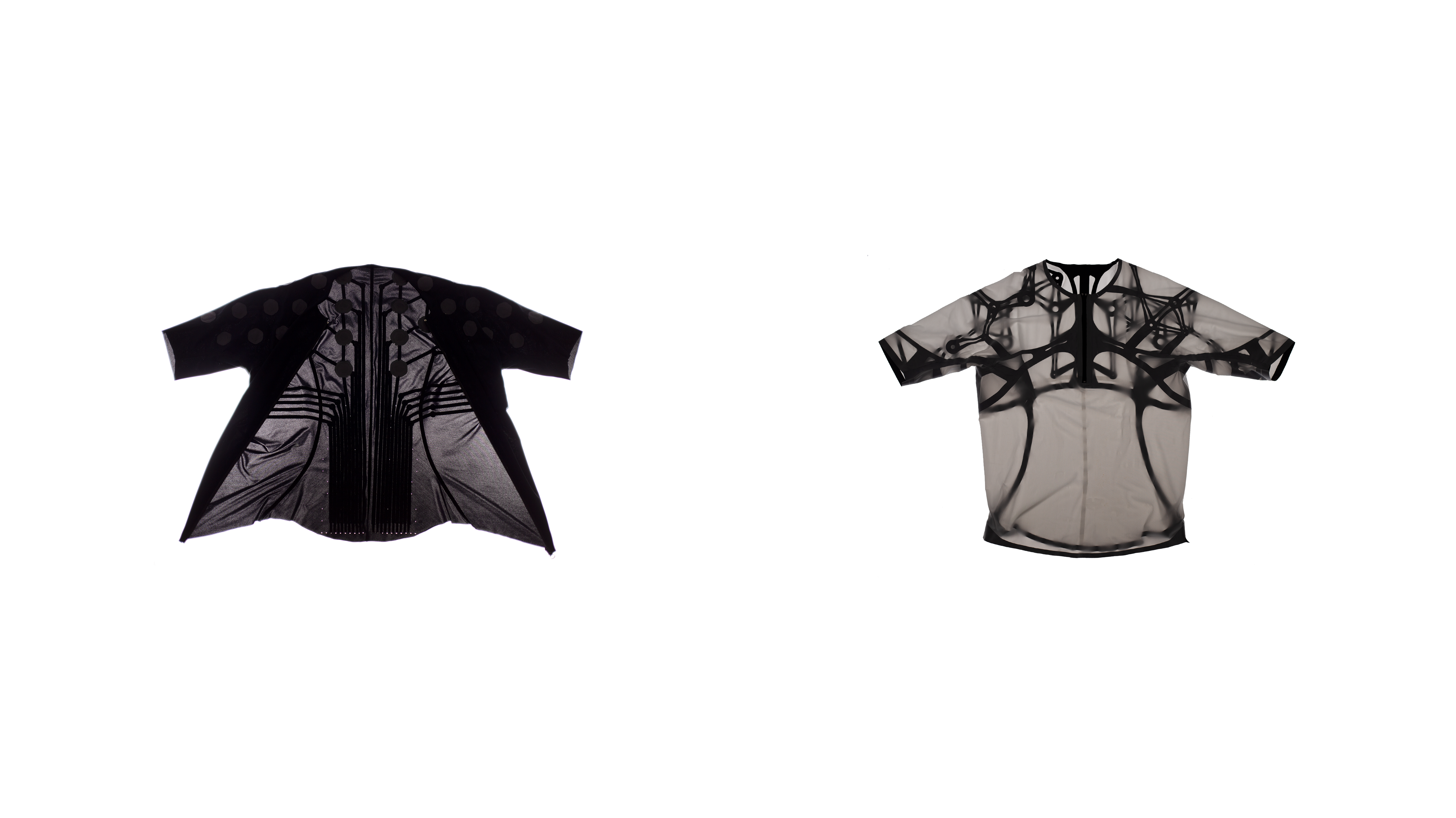 Image of a translucent black jacket and a translucent black short-sleeved top, side by side on a white background.