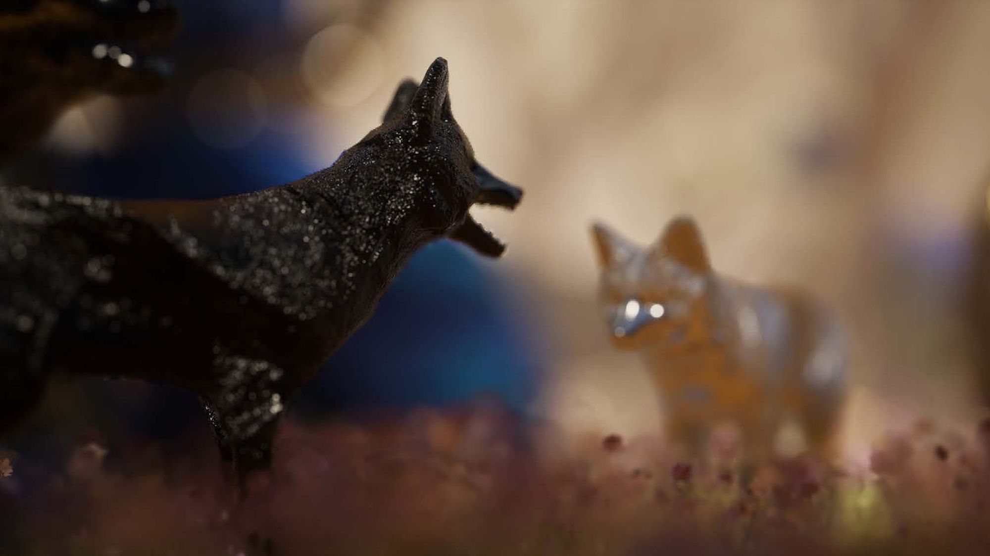 Two animated wolves with bright eyes, one looking directly at us. A still picture by Elfed Samuel