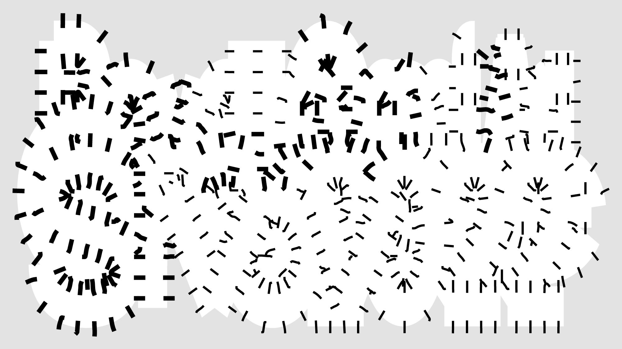 A graphic of a jumble of white shapes that resemble some letters, outlined with small black dashes of varying thickness.