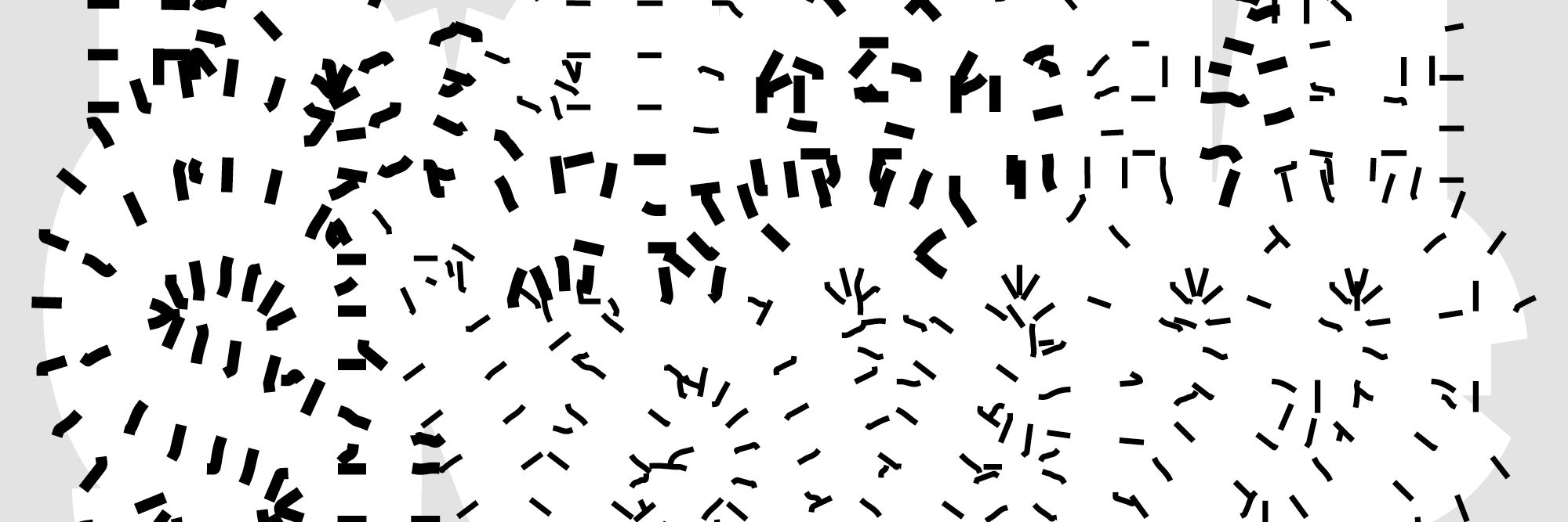 A graphic featuring a jumble of white letter-like shapes, outlined by small black dashes.   
