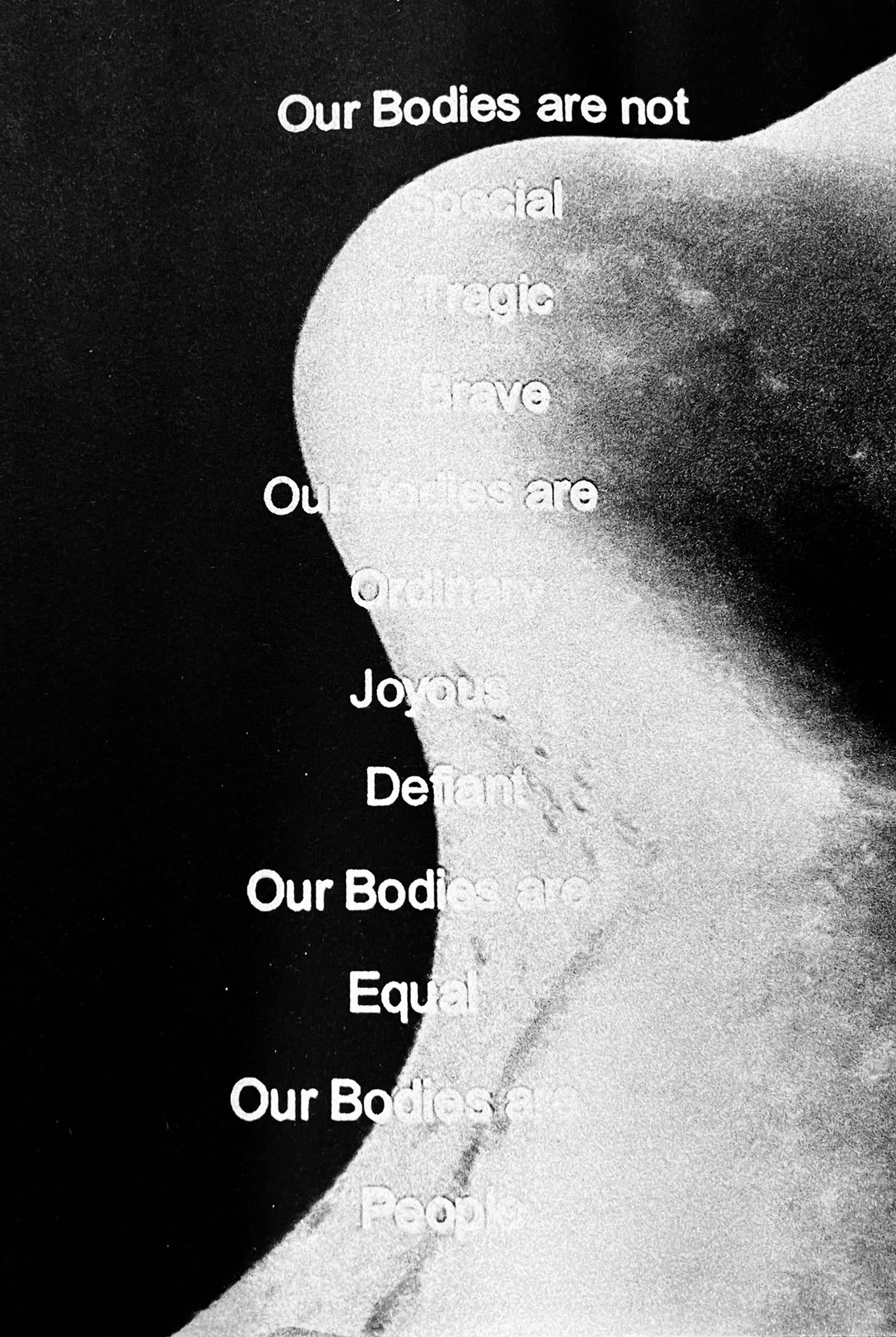 Grainy black and white photograph of the edge of a curved solid shape, against a black background, with short lines of white text running top to bottom of the image. By Mandi Stewart