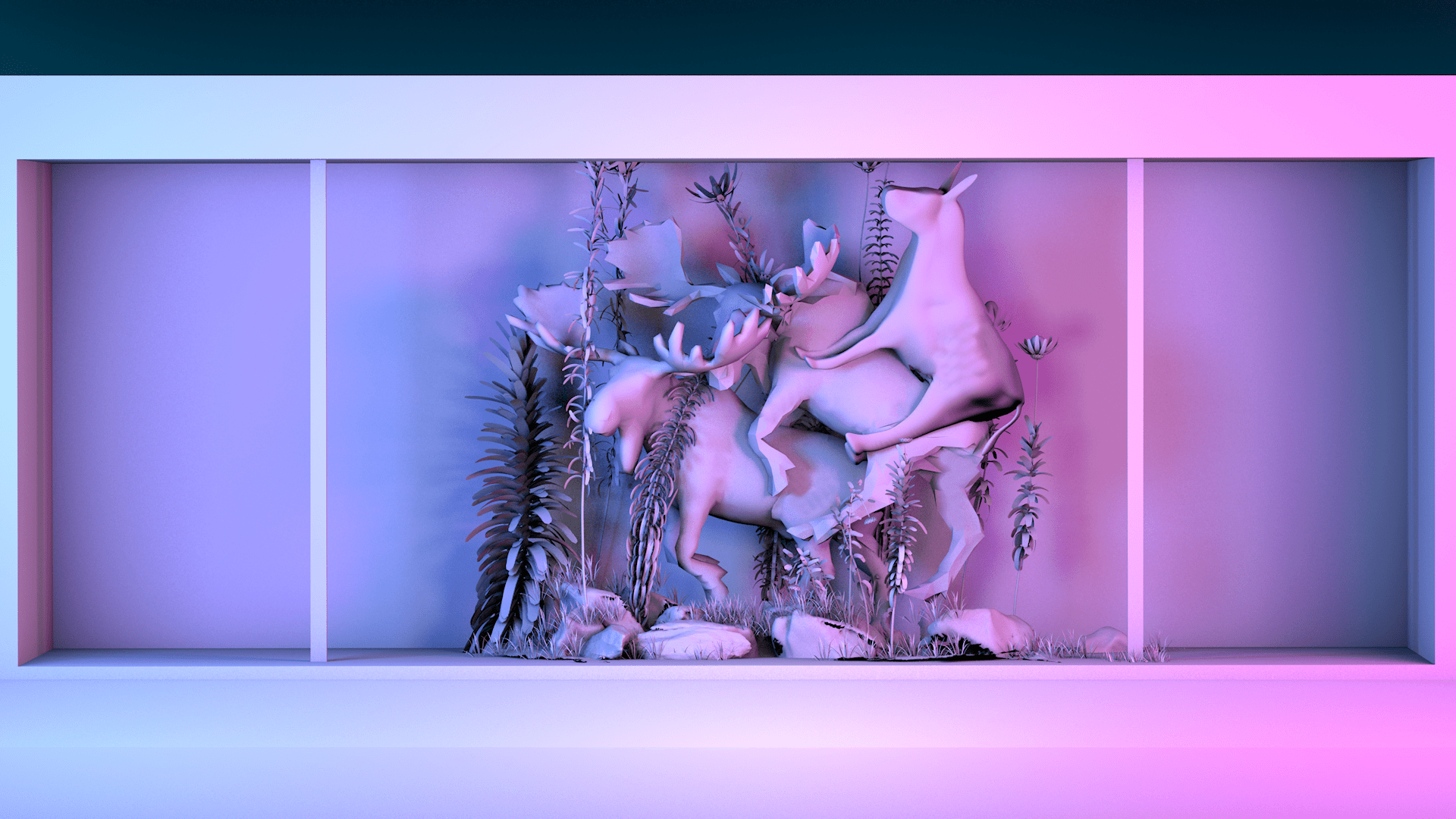 Image of white figures of two moose and possibly a female moose, stacked on top of each other, with sculptured foliage displayed in a rectangular recess and bathed in cold violet and pink light.