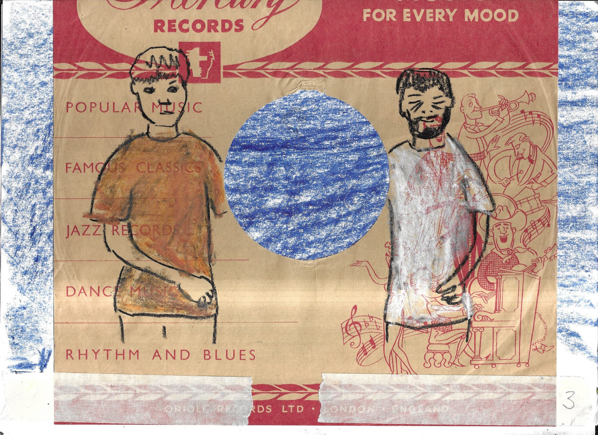 Image of two figures drawn onto an old-fashioned, printed brown paper record sleeve, standing each side of the hole in the centre of the record sleeve, taped onto a blue crayoned background. 