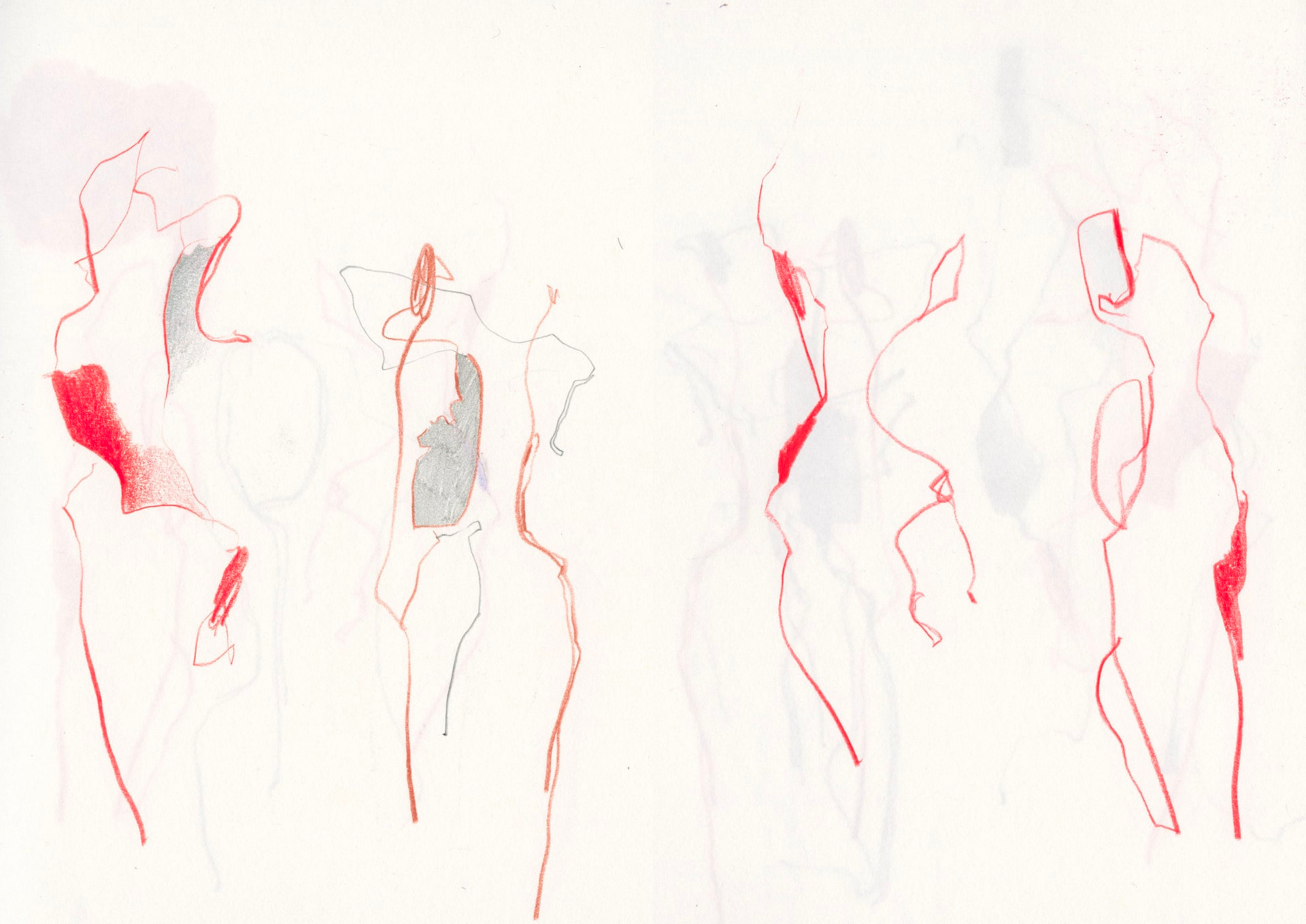 Abstract image of outlines in red on a cream background, possibly suggesting headless human figures in different poses.